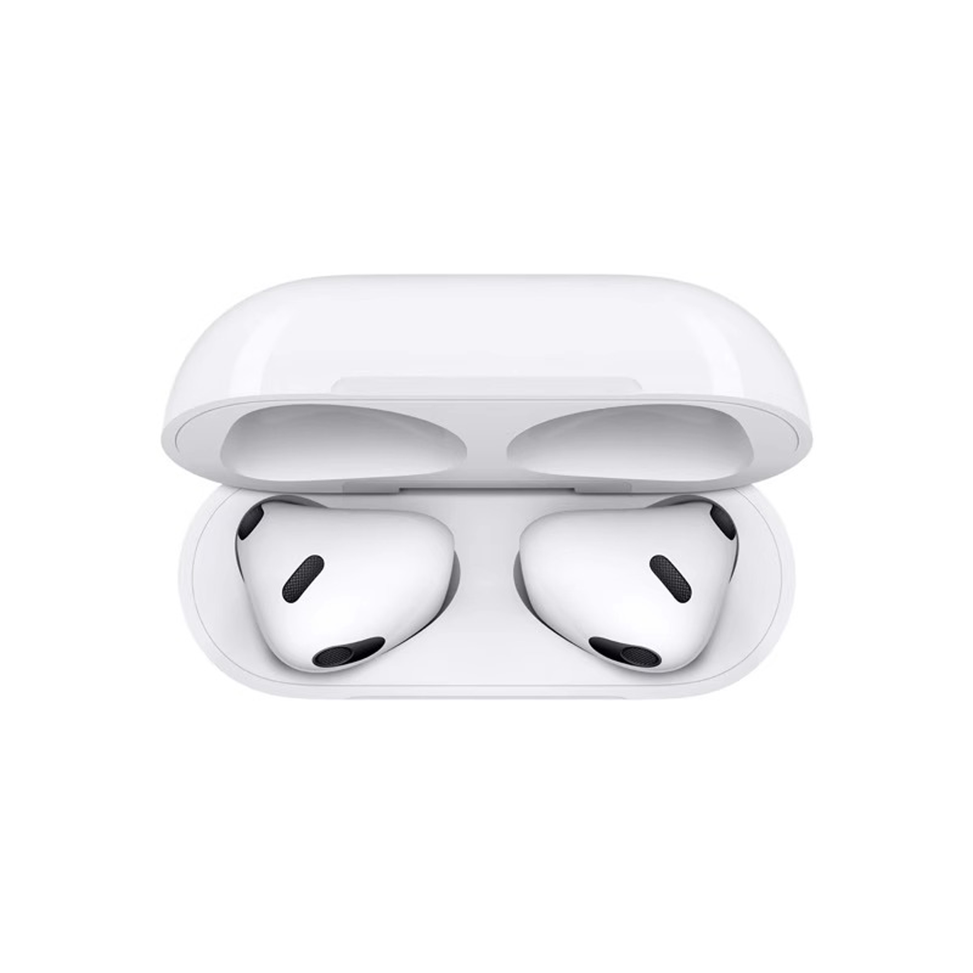 Weißes AirPods-Etui geöffnet, zeigt zwei weiße AirPods mit schwarzen Lautsprechergittern.