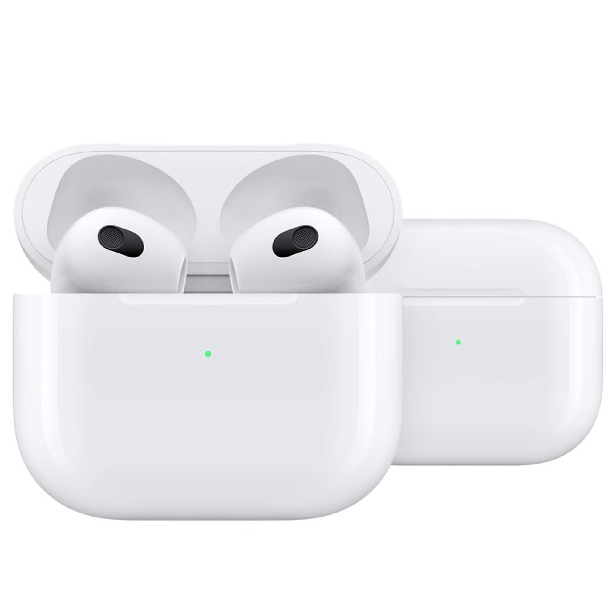 Weißes Apple AirPods-Etui mit AirPods darin. Das Etui ist geöffnet und zeigt die Ohrhörer.