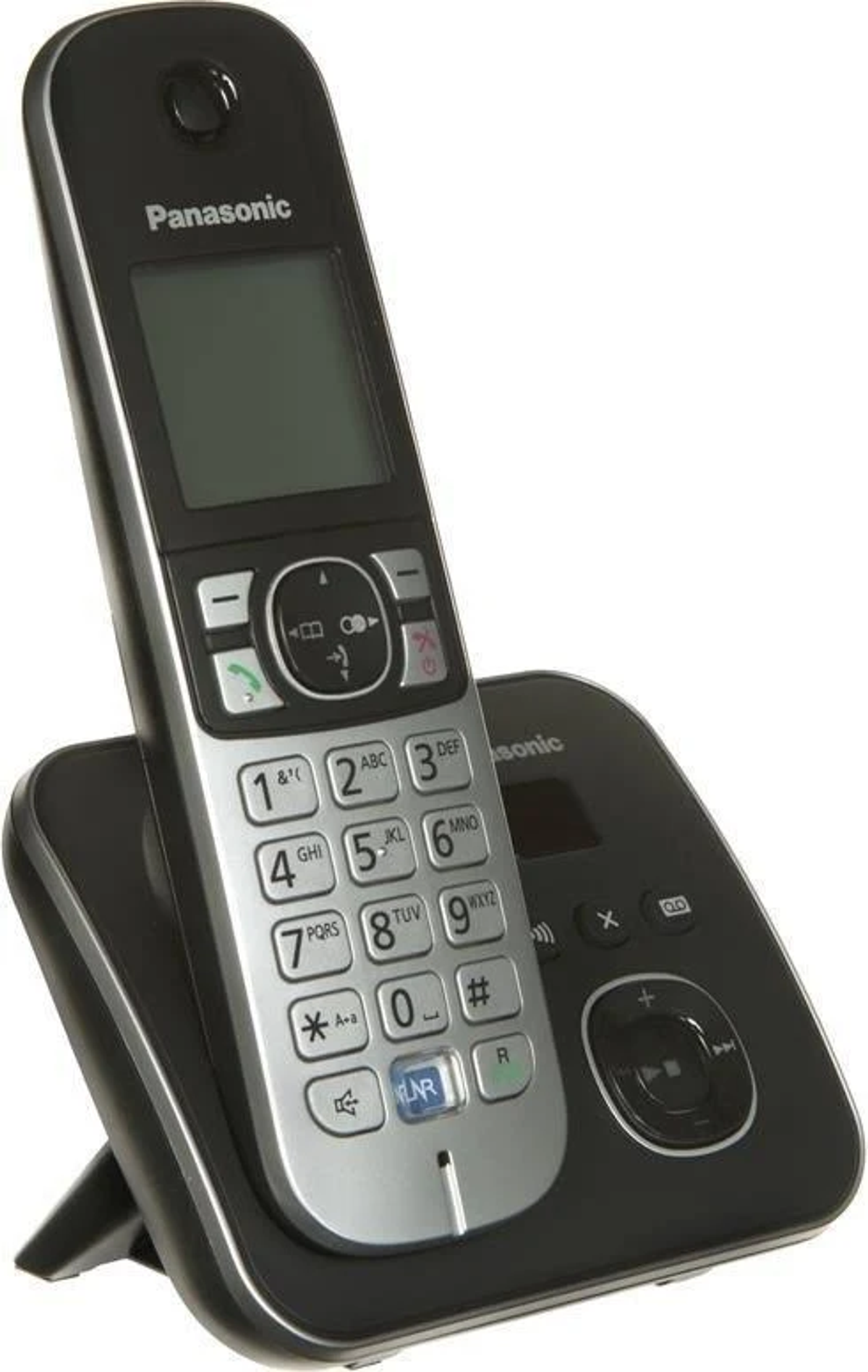 Telefono cordless Panasonic nero con la base. Ha uno schermo e dei pulsanti.