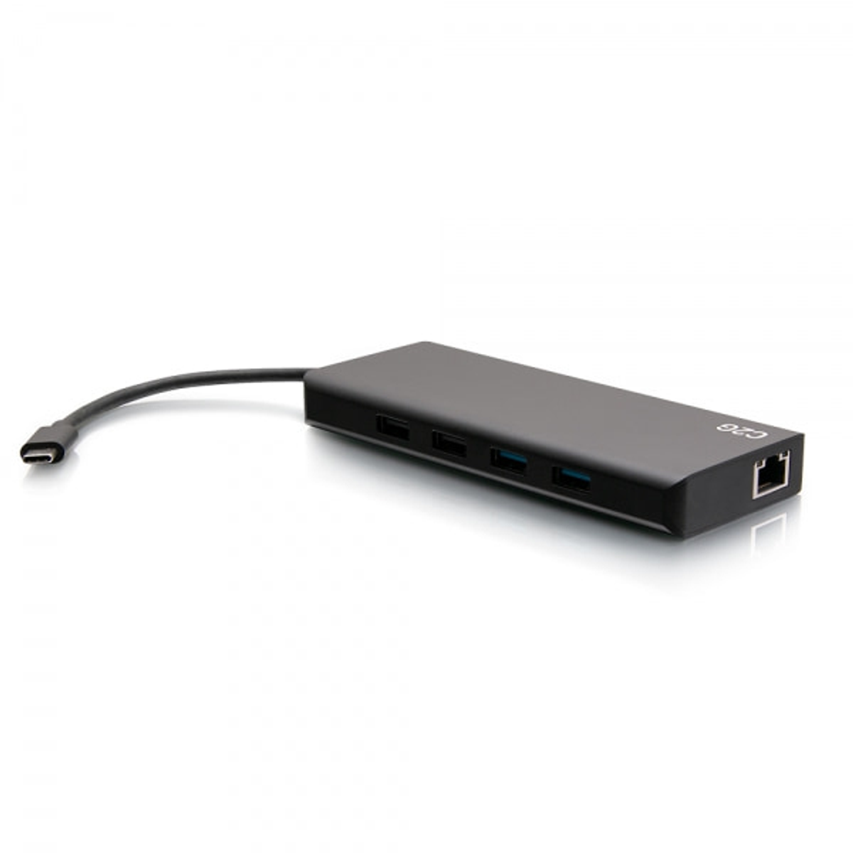 Adattatore multiporta nero con porte USB ed Ethernet su una superficie bianca.