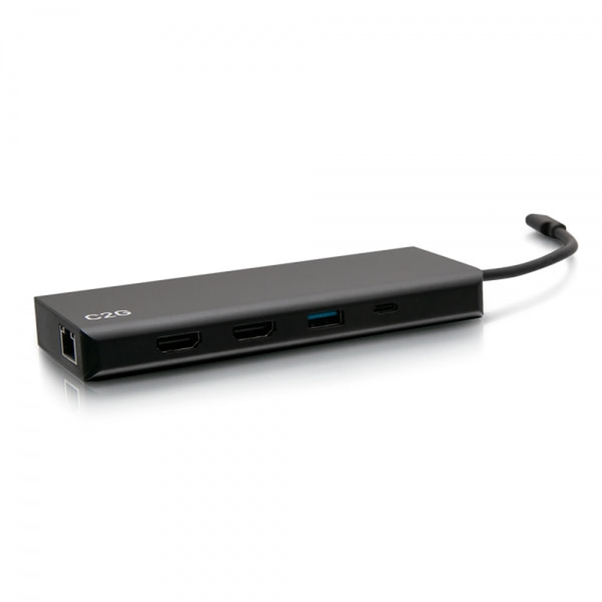 Hub USB-C C2G nero con porte HDMI, USB ed Ethernet. L'hub è su uno sfondo bianco.