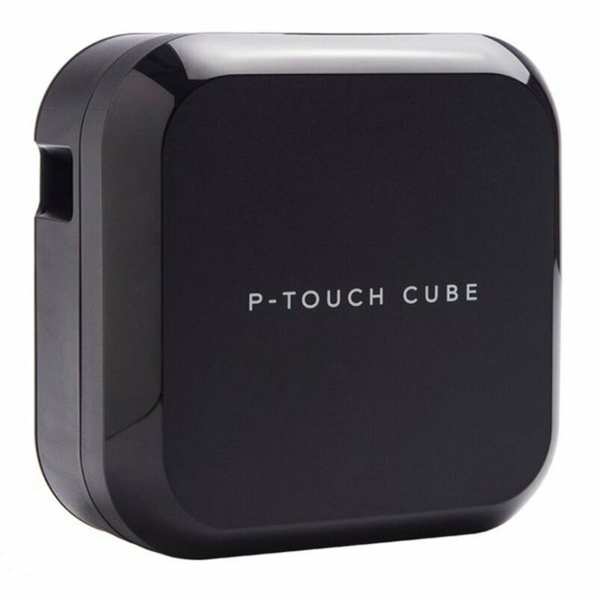 Rotuladora P-TOUCH CUBE negra. Texto blanco en la parte delantera. Cuadrado negro.