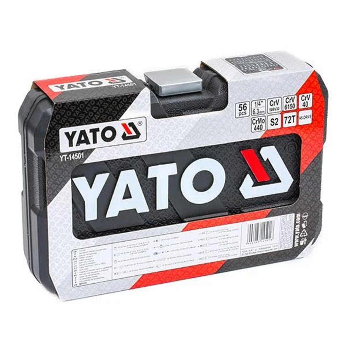 Gesloten YATO gereedschapskist, zwart en rood, met tekst en logo. Witte achtergrond.