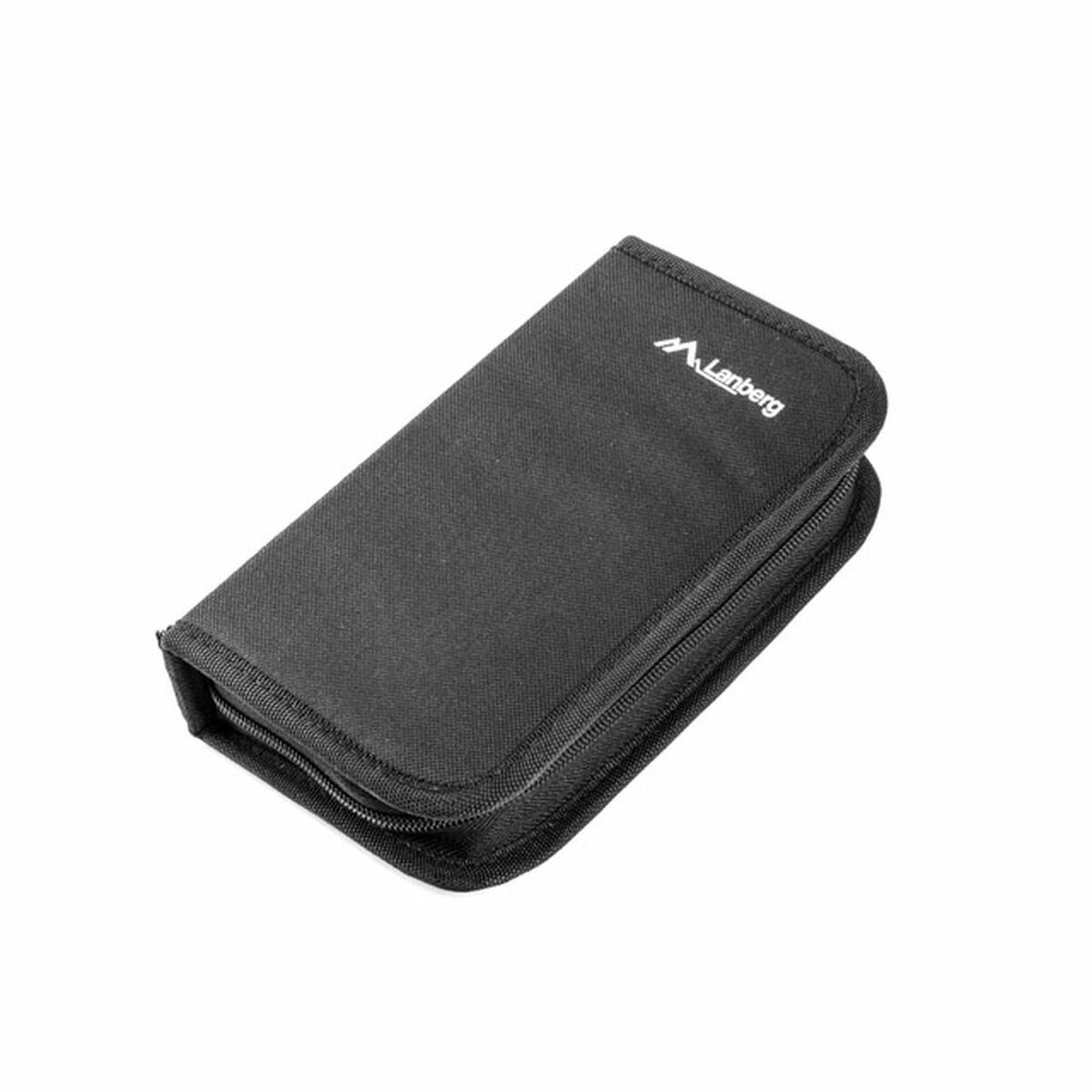 Schwarzes Etui mit Reißverschluss. Markenname ist Lanberg. Es ist geschlossen und auf weißem Hintergrund.