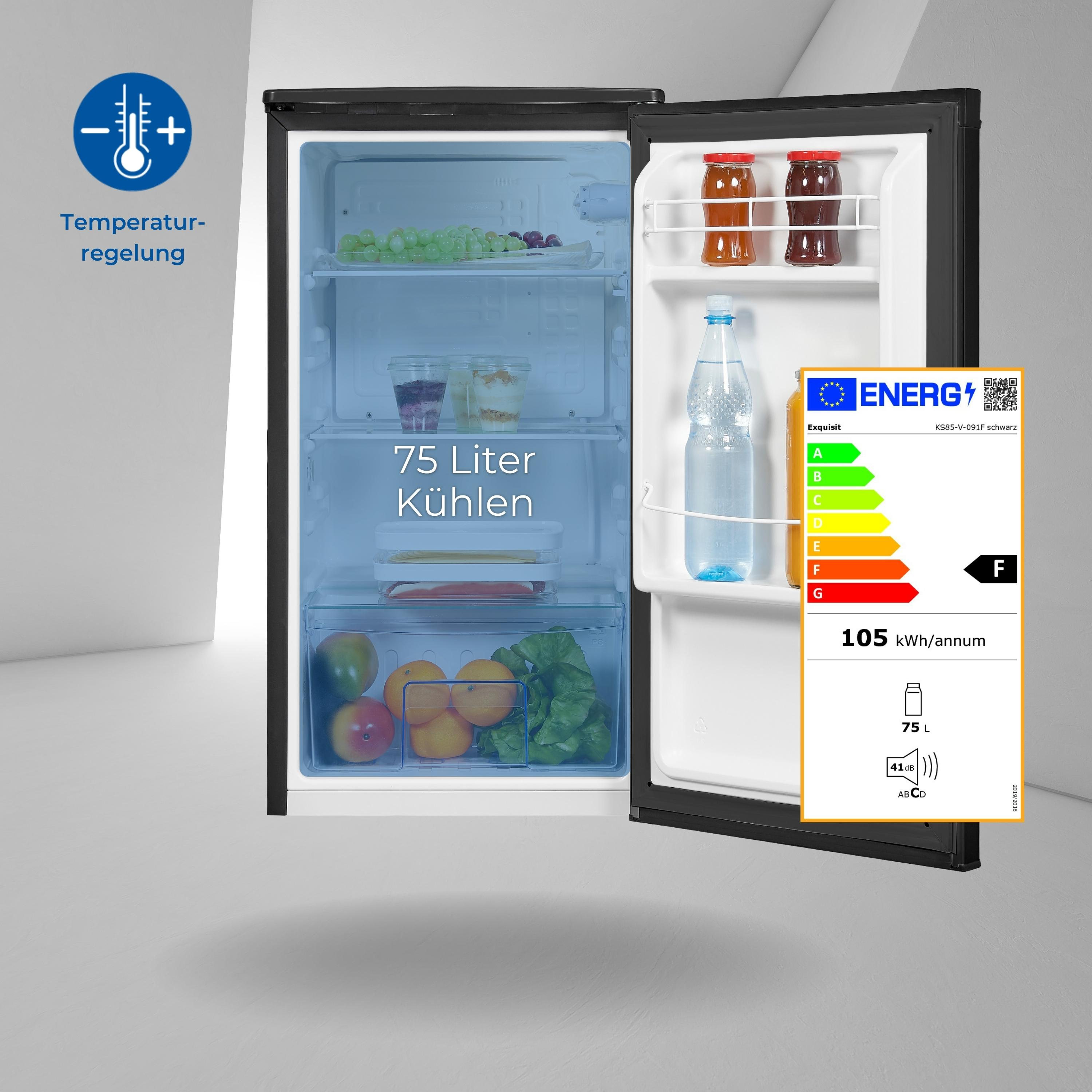 Kleiner Kühlschrank mit Inhalt. Enthält ein Energielabel.