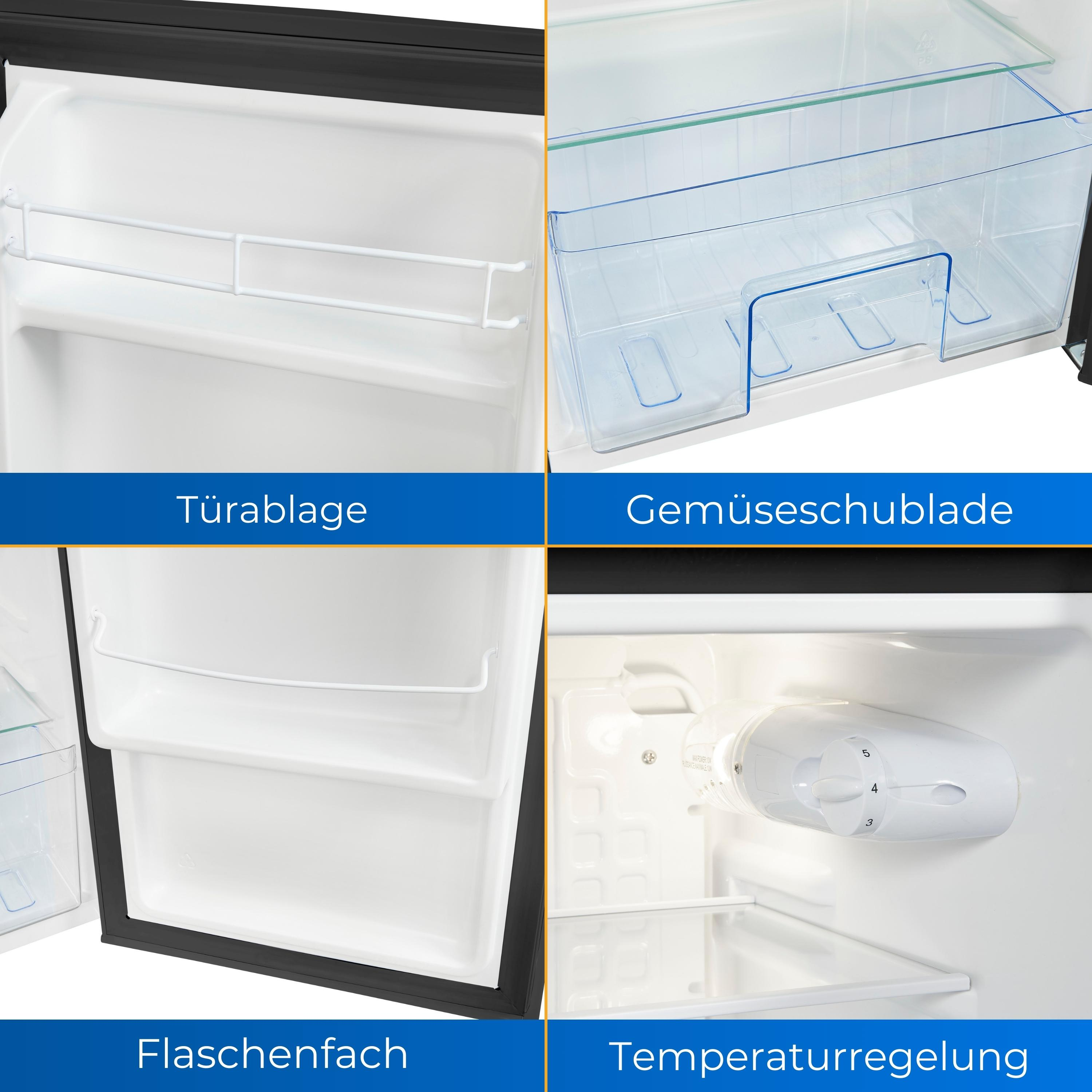 Vier-Panel-Bild des Kühlschrankinnenraums. Zeigt Tür, Regale und Temperaturregelung.