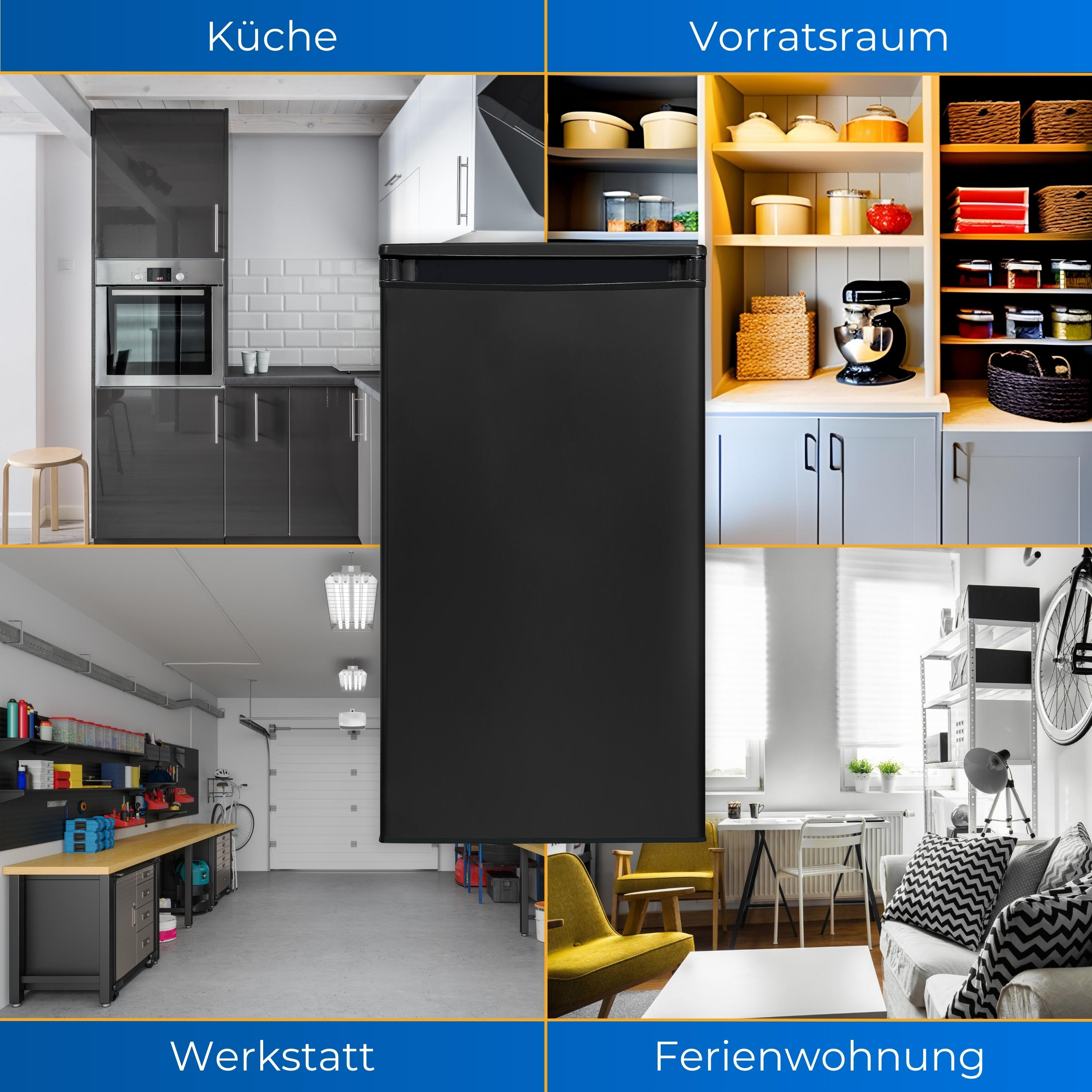 Eine Collage von vier Inneneinstellungen: Küche, Speisekammer, Werkstatt und Apartment.