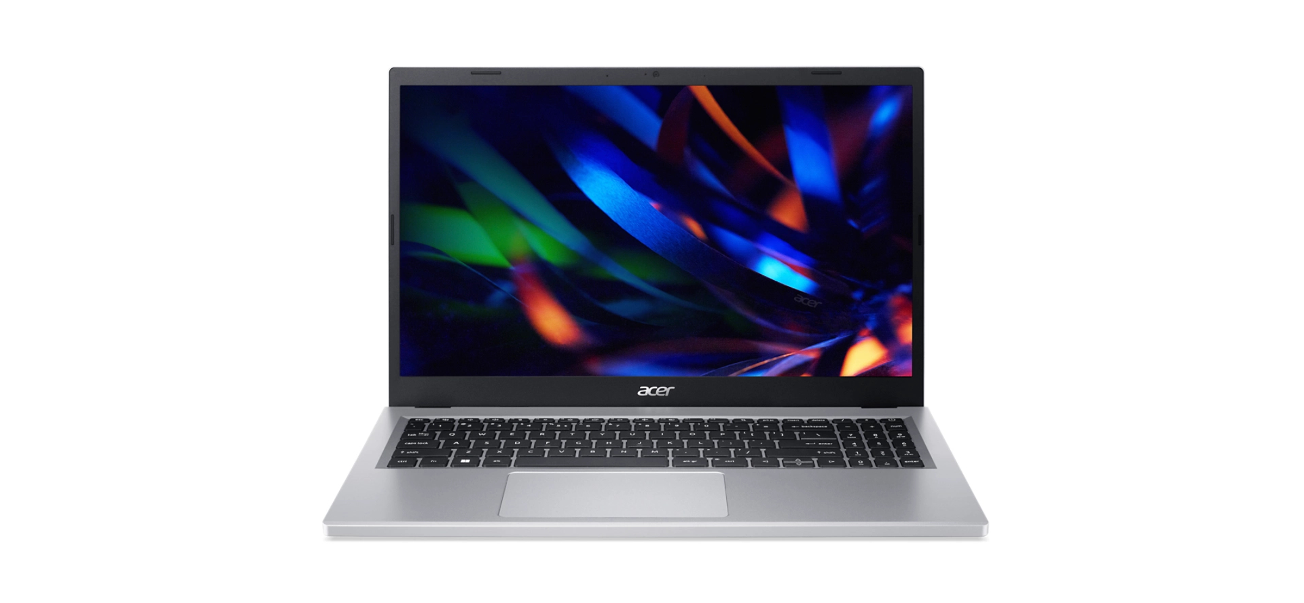 Srebrny laptop Acer otwarty, wyświetlający kolorowy, abstrakcyjny ekran. Białe tło.