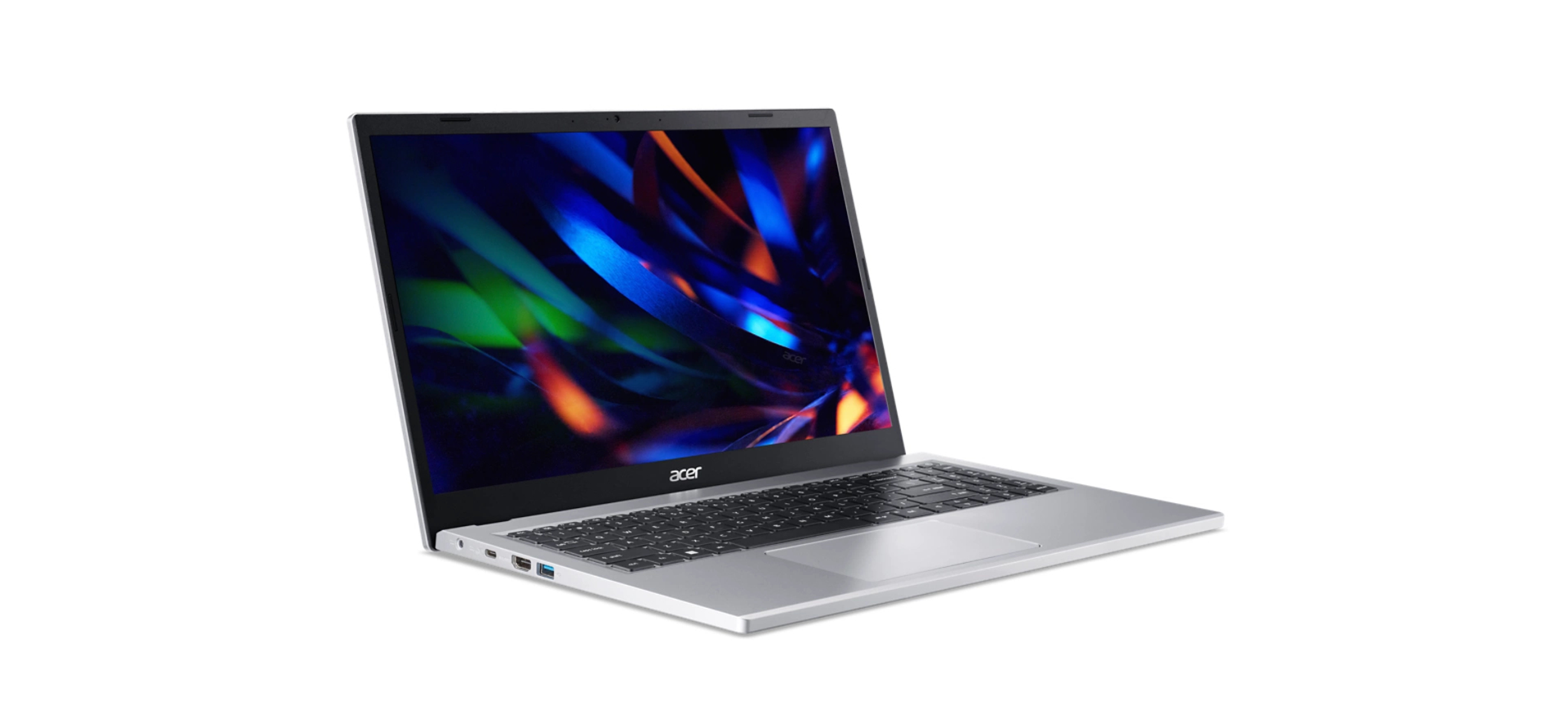 Srebrny laptop Acer, otwarty, wyświetlający kolorowy ekran, na białym tle.