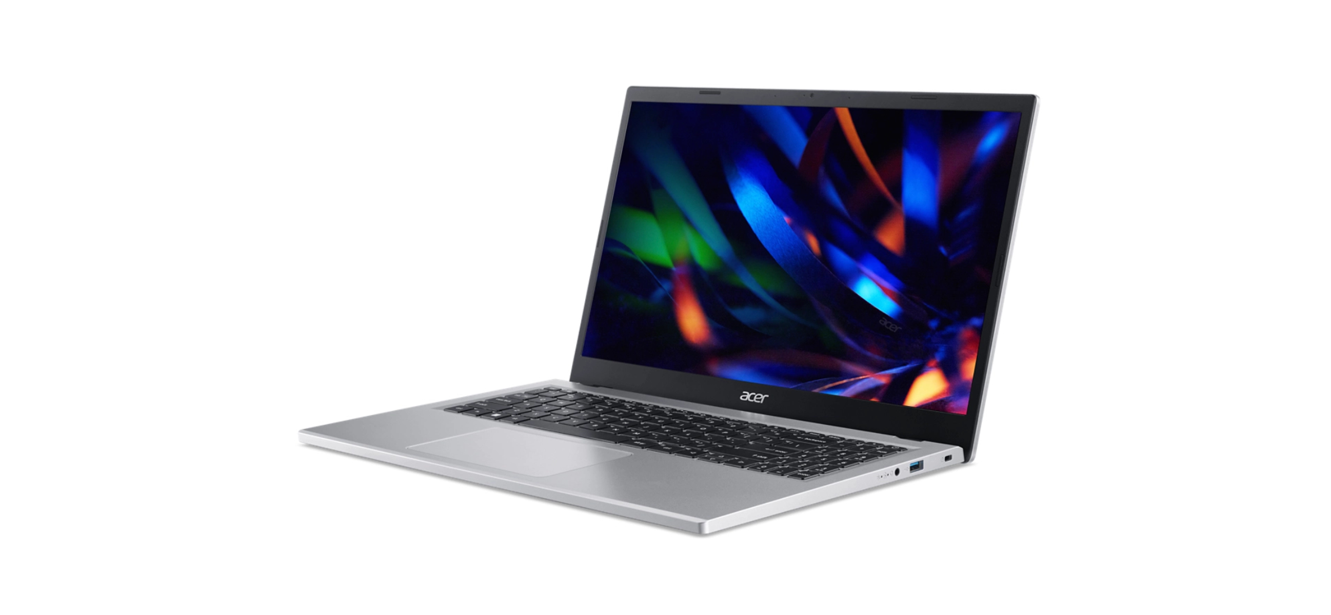 Srebrny laptop, marki Acer, otwarty na białym tle, pokazujący ekran.