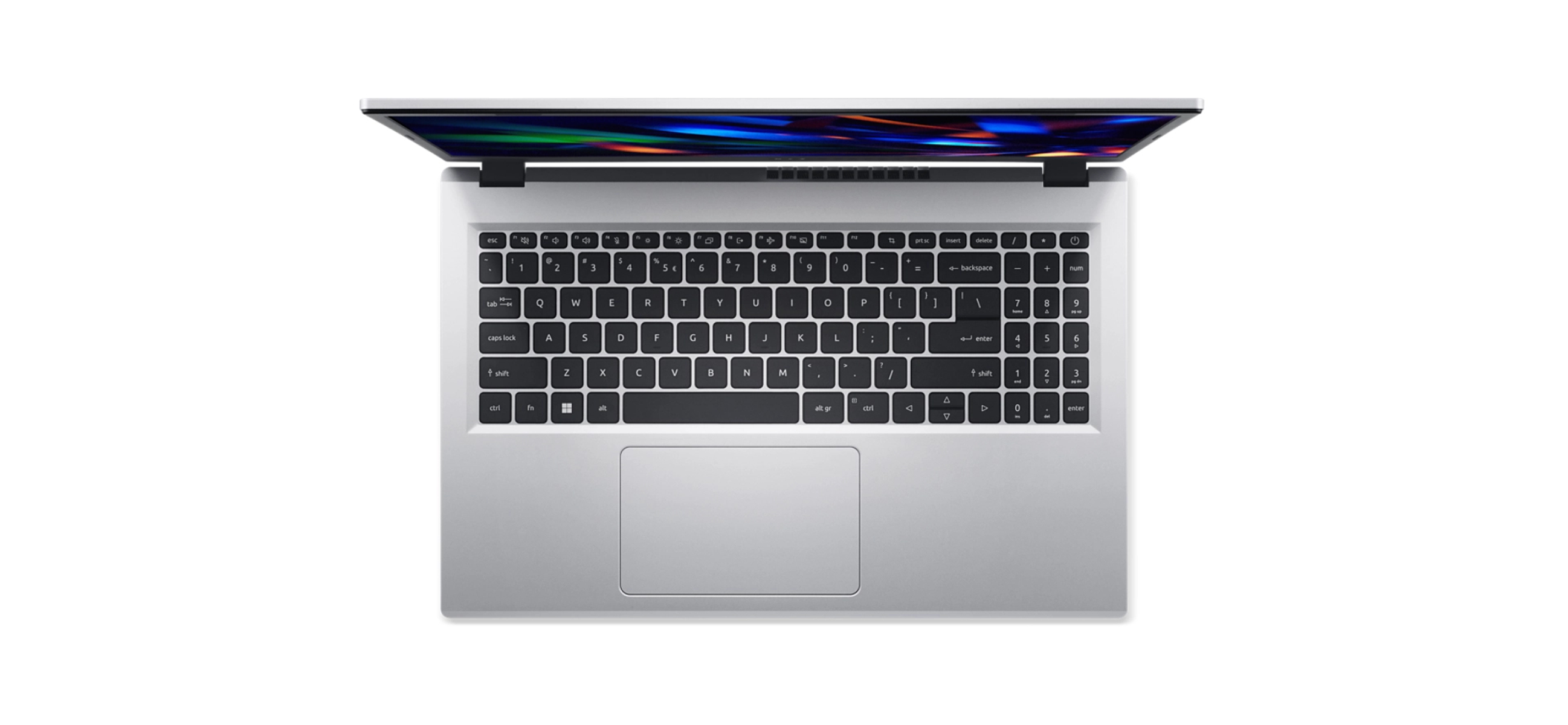 Laptop otwarty na białej powierzchni, z widoczną klawiaturą i ekranem.