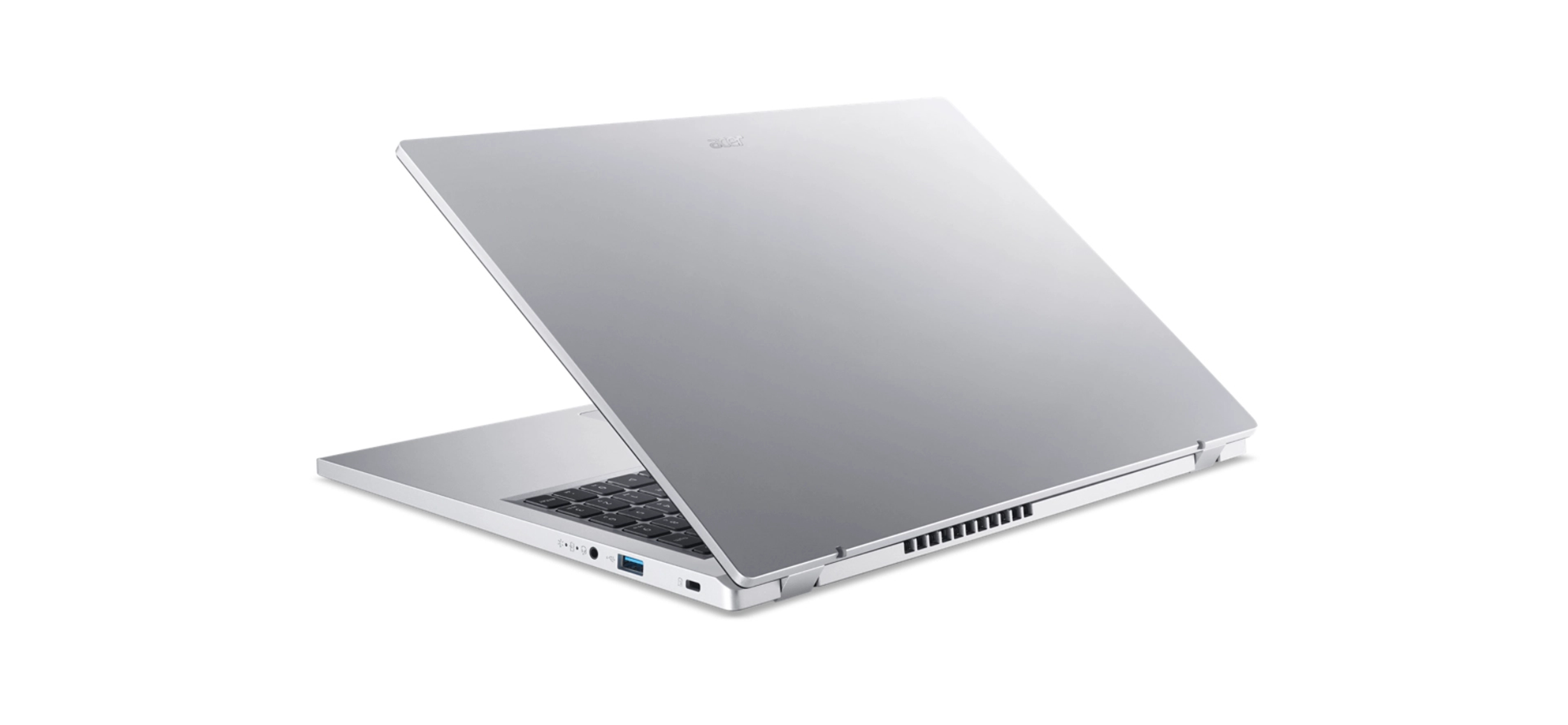 Srebrny laptop z otwartą pokrywą, pokazujący klawiaturę i tył ekranu, białe tło.