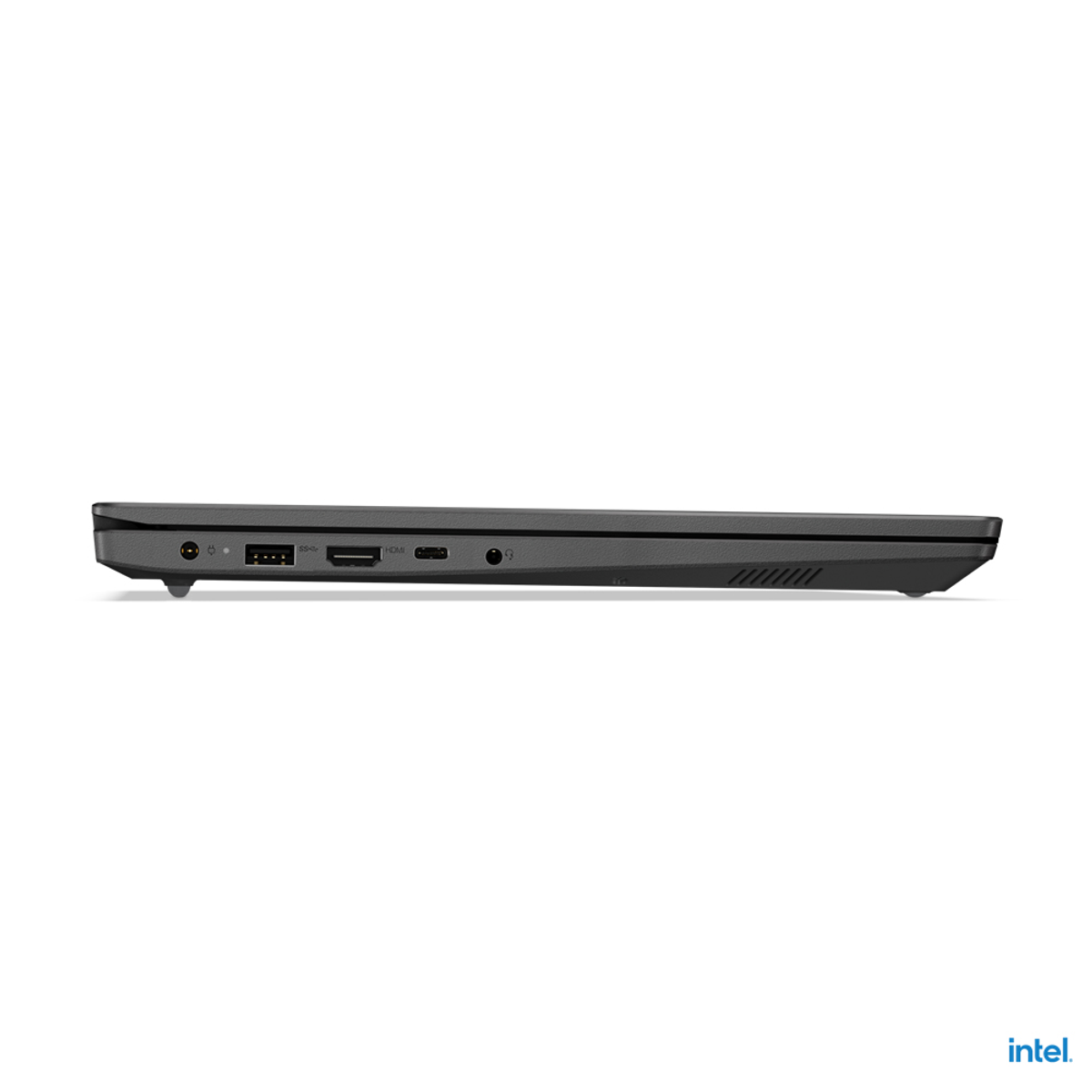 Vista laterale di un laptop, che mostra le porte: alimentazione, USB, HDMI e audio. Logo Intel visibile.