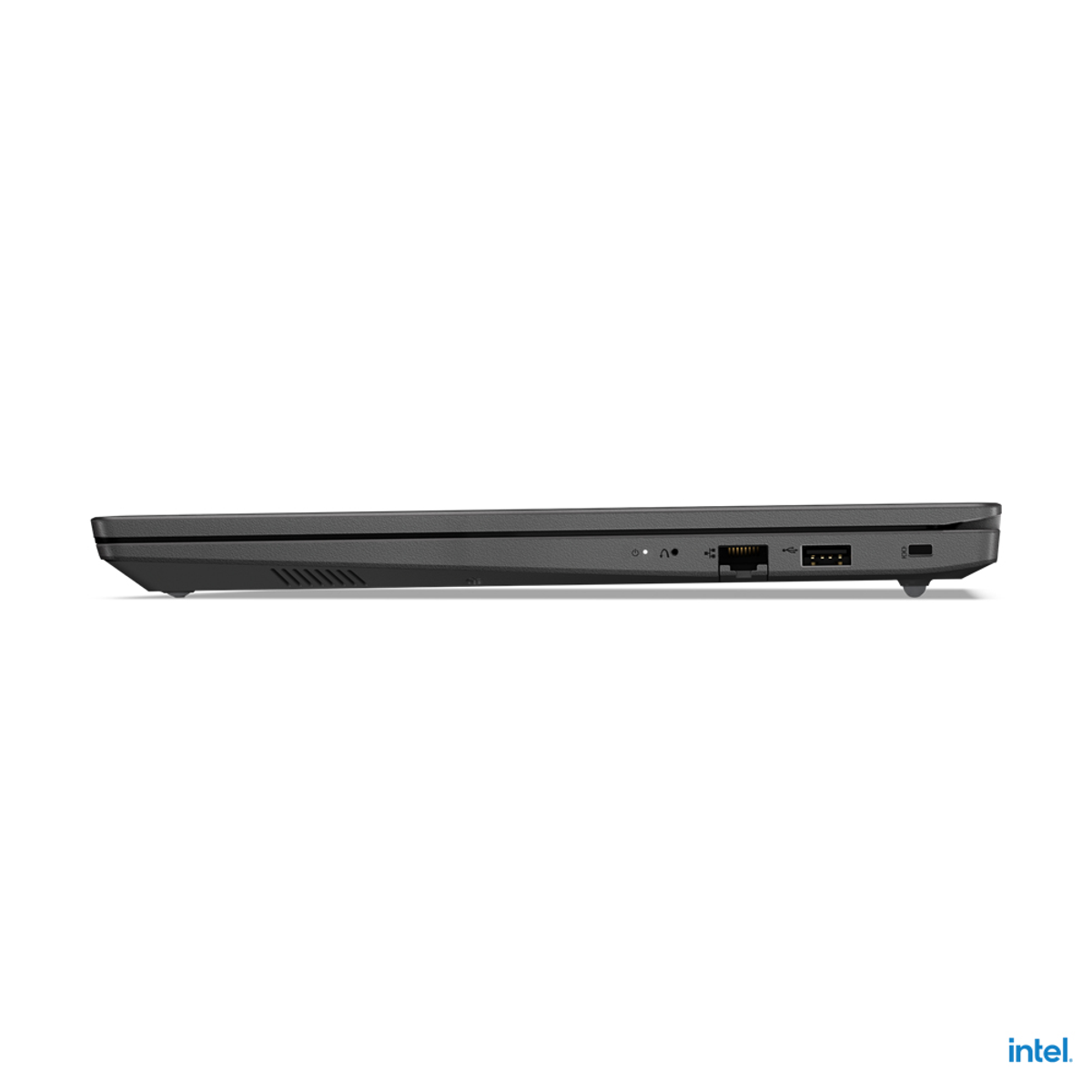 L'immagine mostra il profilo laterale di un laptop grigio scuro con porte. È su uno sfondo bianco.