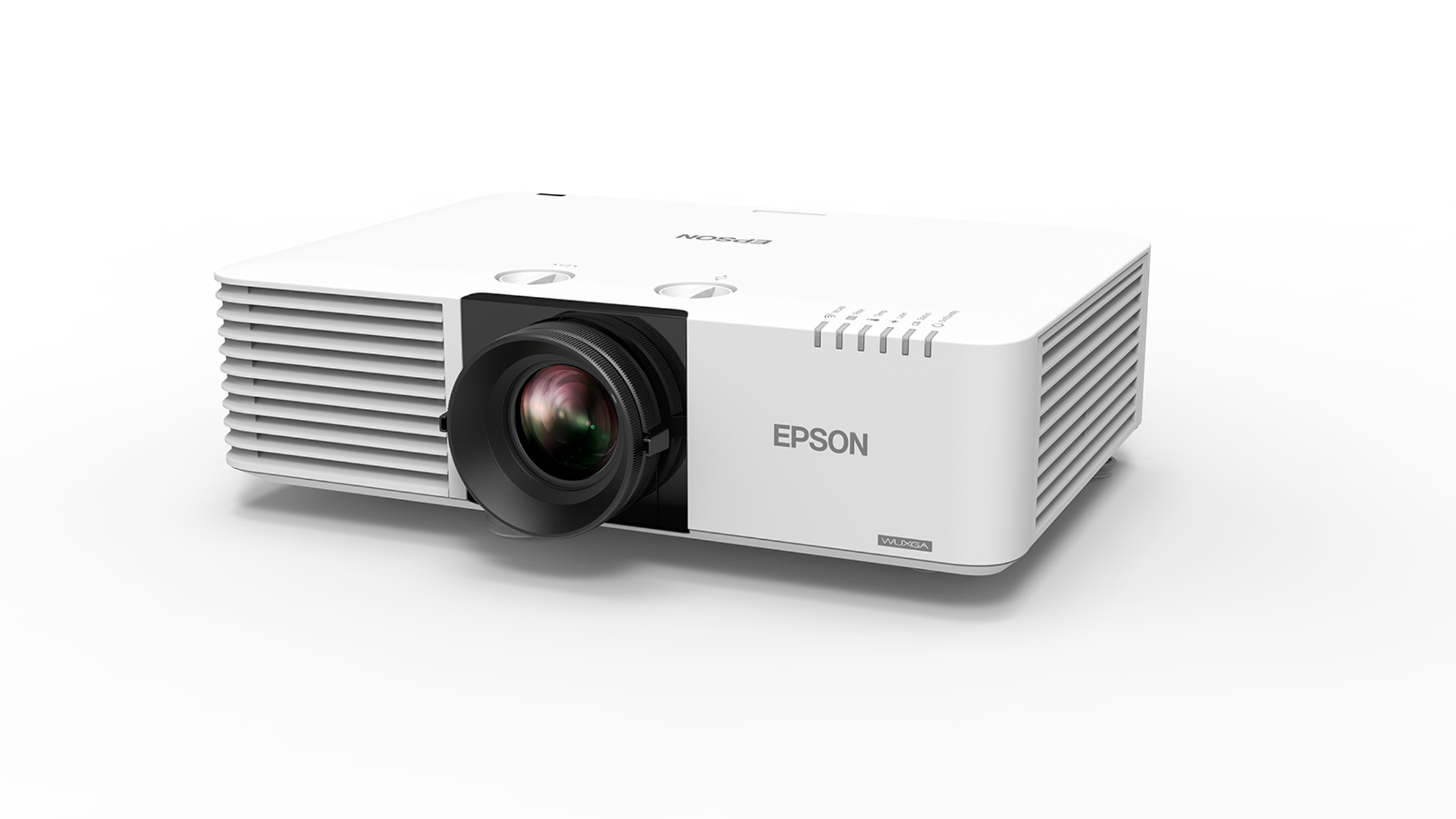 Projecteur Epson blanc sur fond blanc. L'objectif est visible.