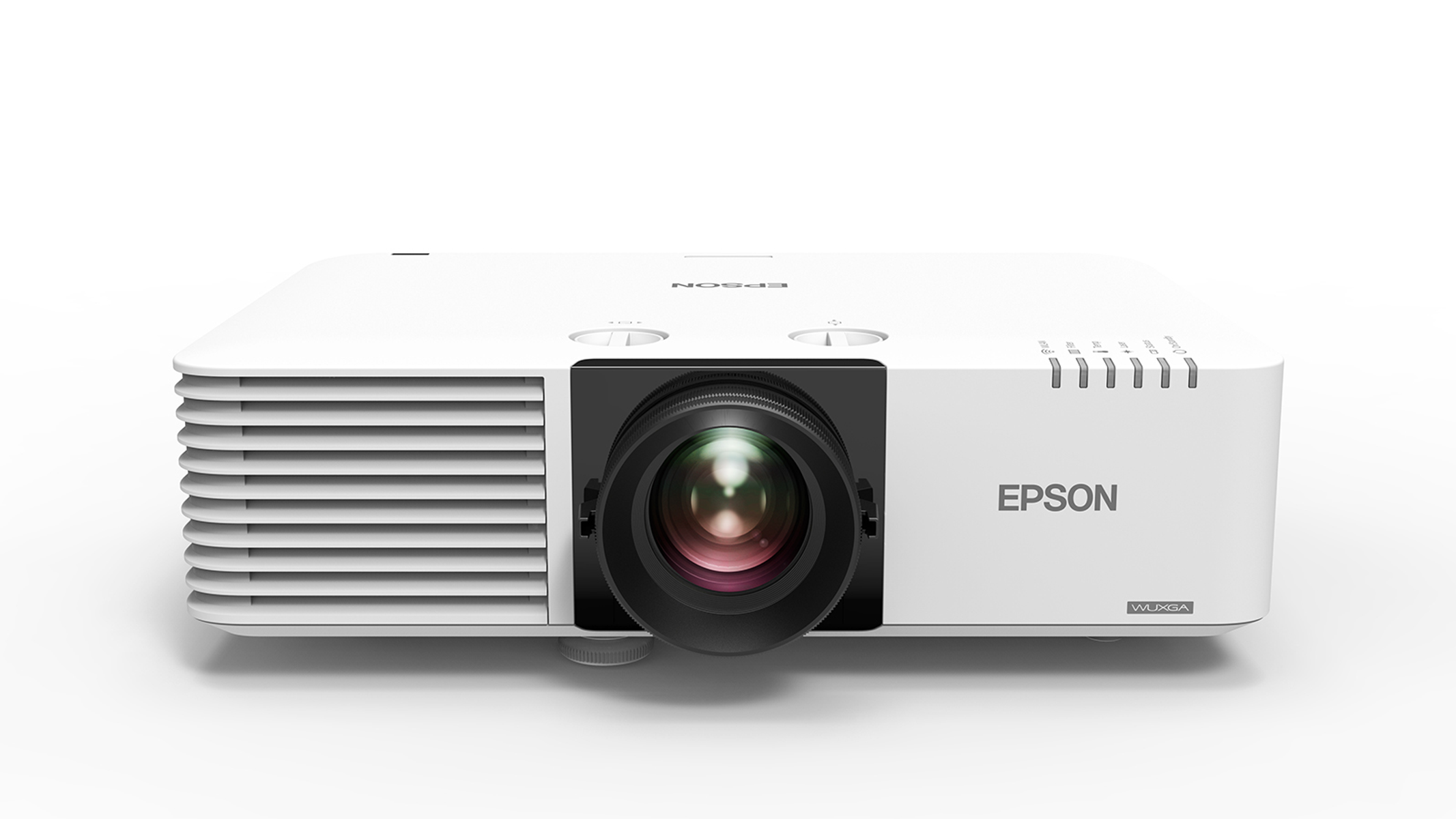 Un projecteur Epson blanc avec une lentille, des boutons et le logo Epson.