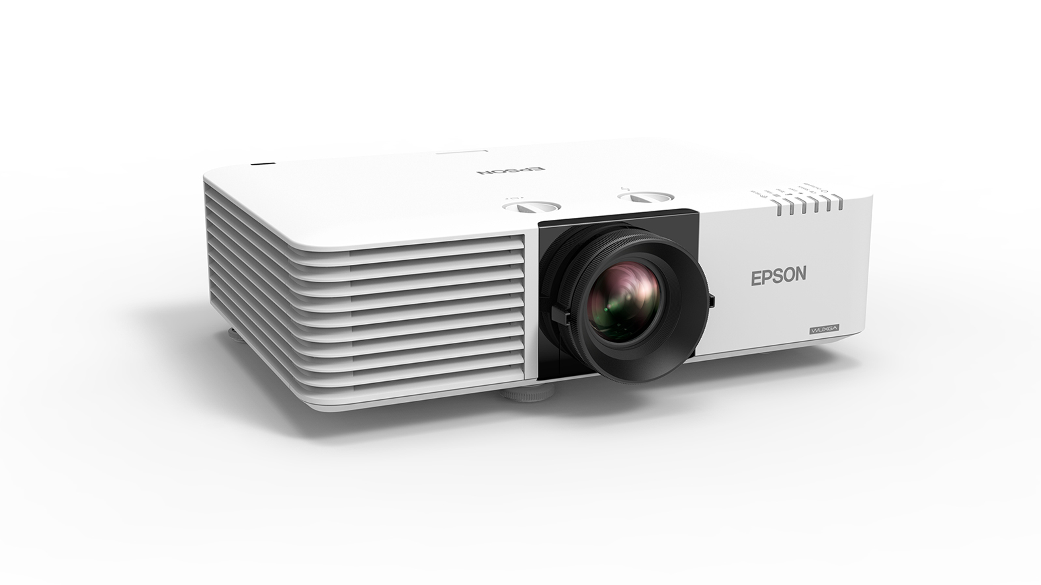 Projecteur Epson blanc avec objectif noir et évent latéral, isolé sur blanc.