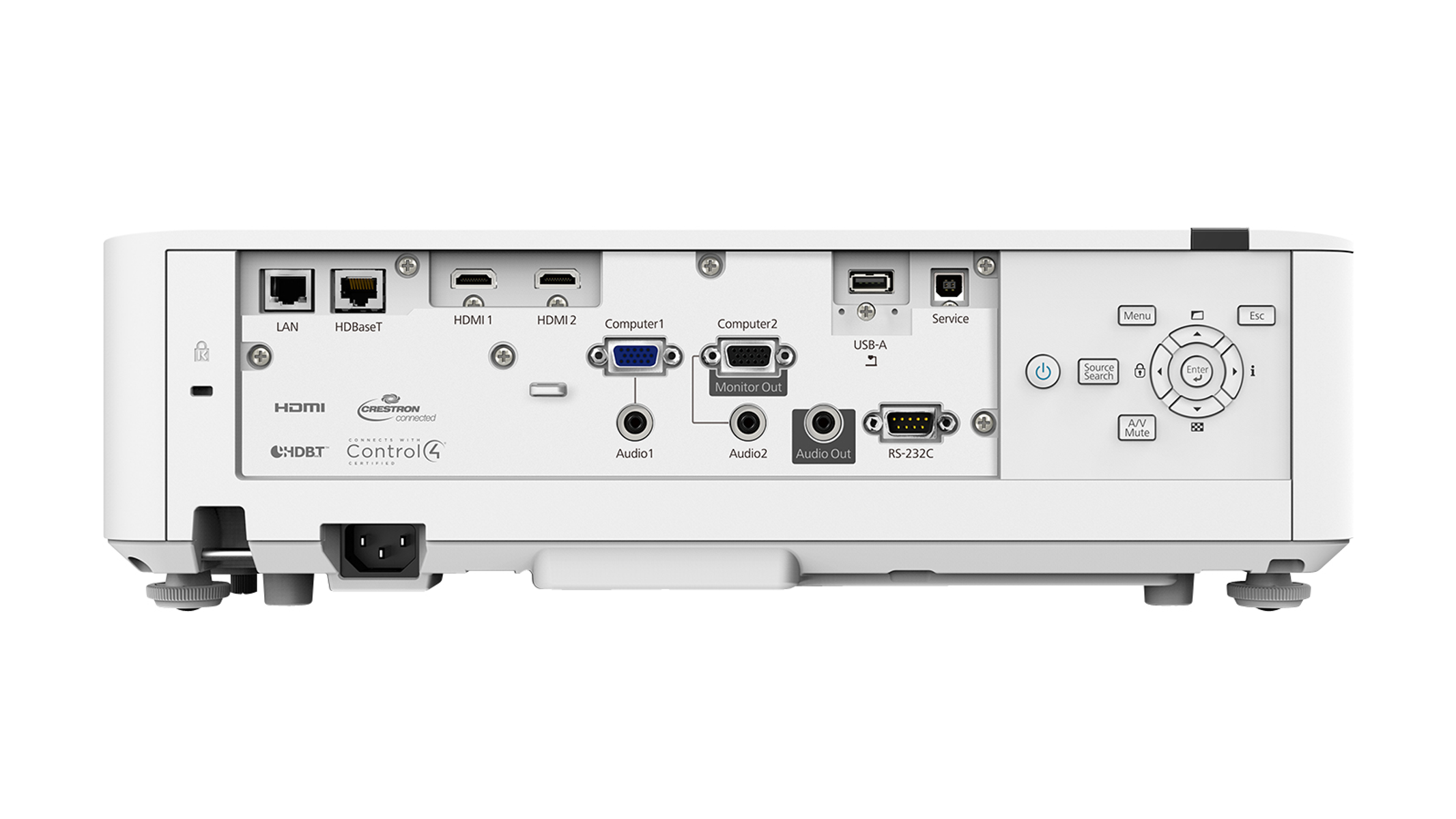 L'arrière d'un projecteur blanc, montrant divers ports et connexions.