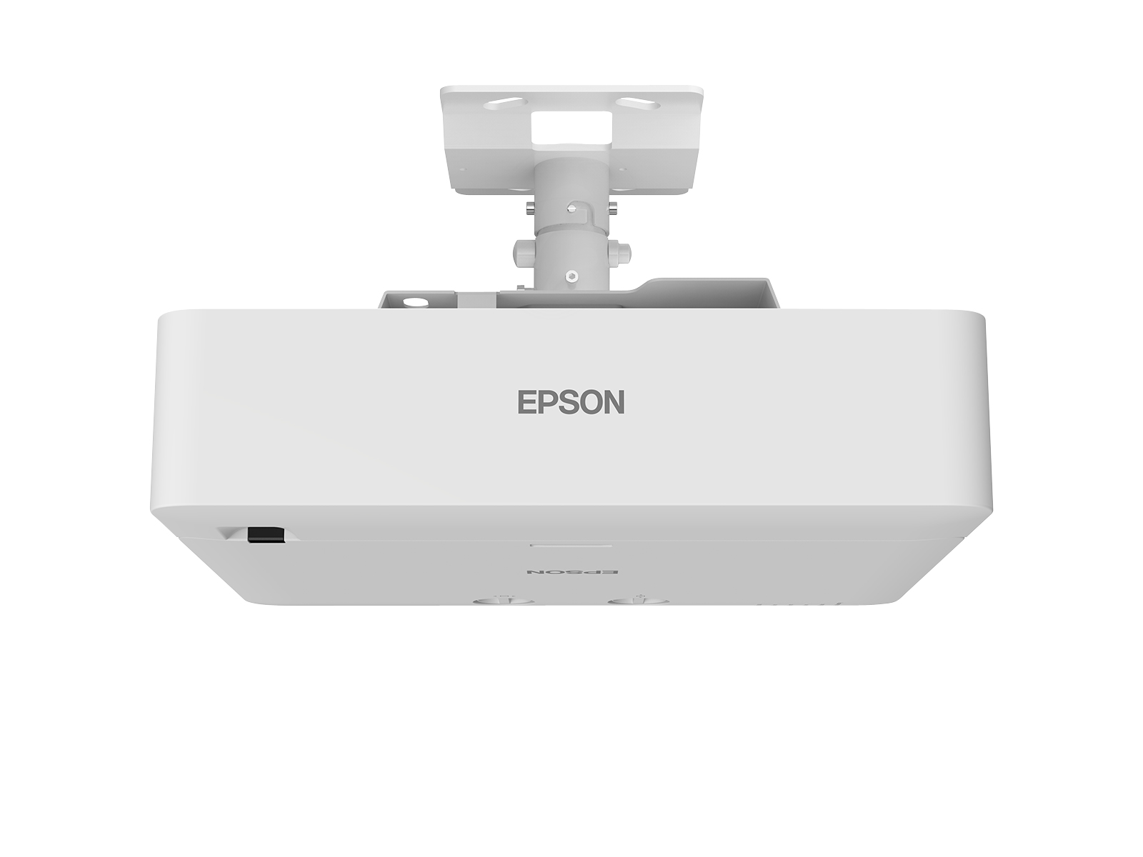 Un projecteur Epson blanc monté sur un support de plafond blanc, vu d'en bas sur fond blanc.