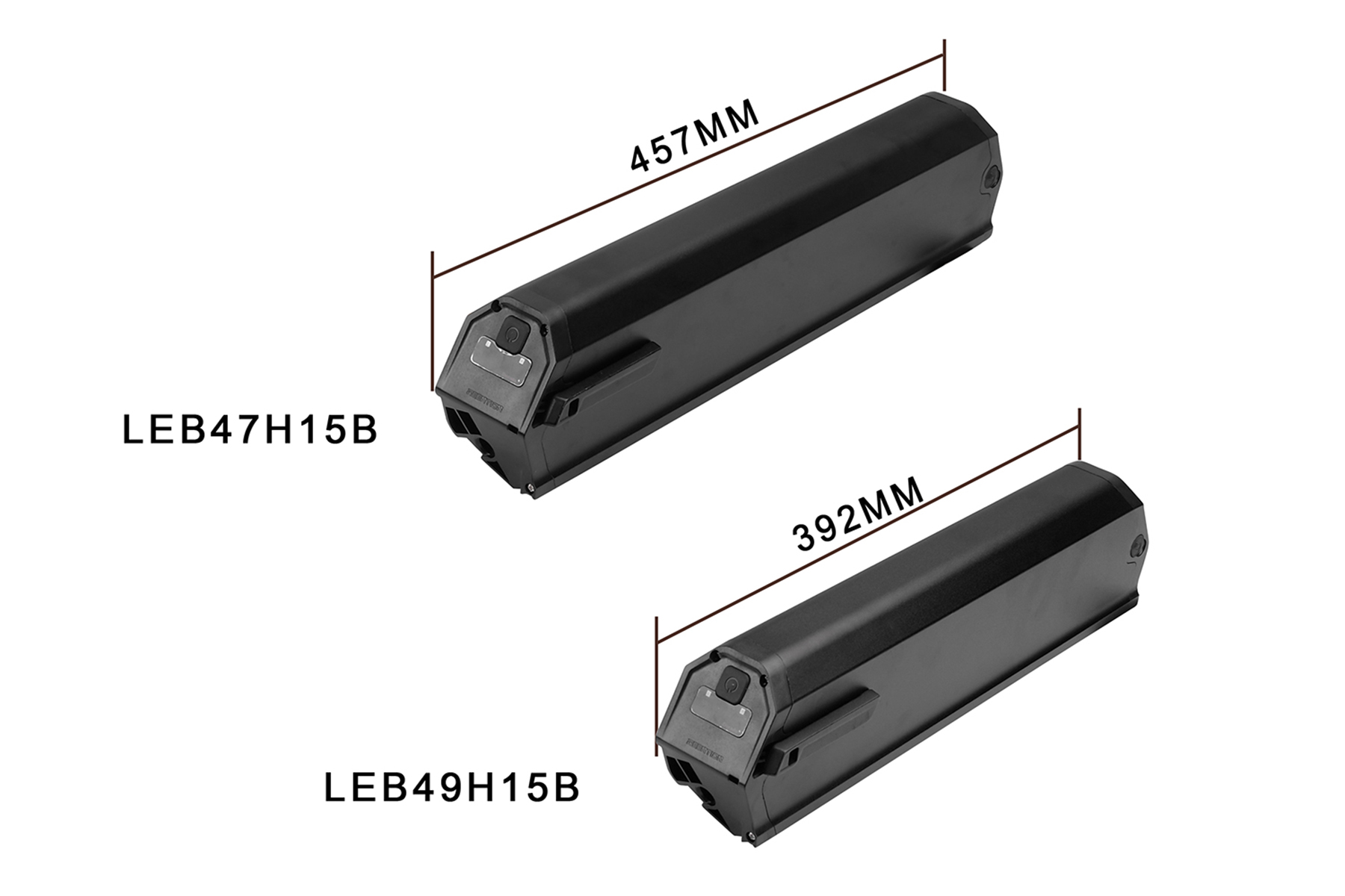 Zwei schwarze Batterien. Eine ist LEB47H15B, die andere LEB49H15B. Beide mit Abmessungen.