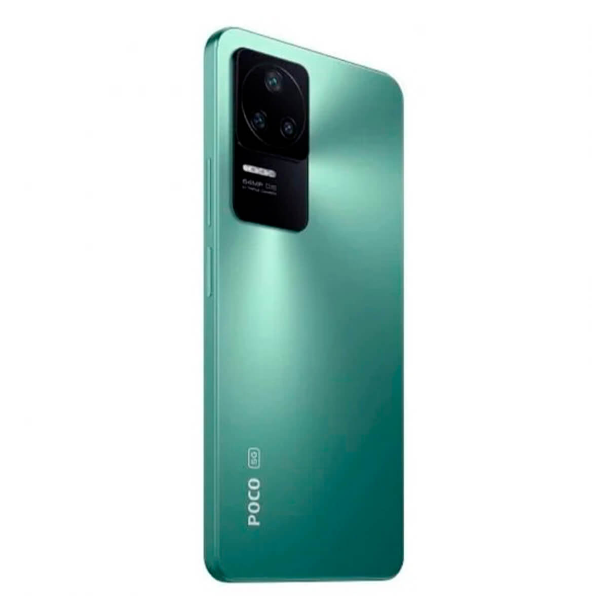 Grünes Poco-Telefon, schräge Ansicht, zeigt die Kameraanordnung. Weißer Hintergrund.