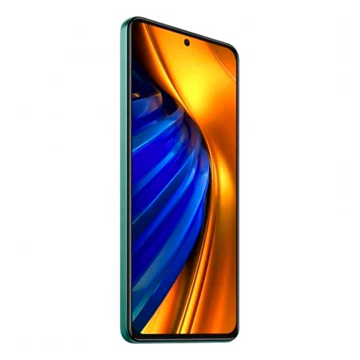 Ein grünes Smartphone mit farbenfrohem Bildschirm, leicht angewinkelt. Das Telefon ist scharf.