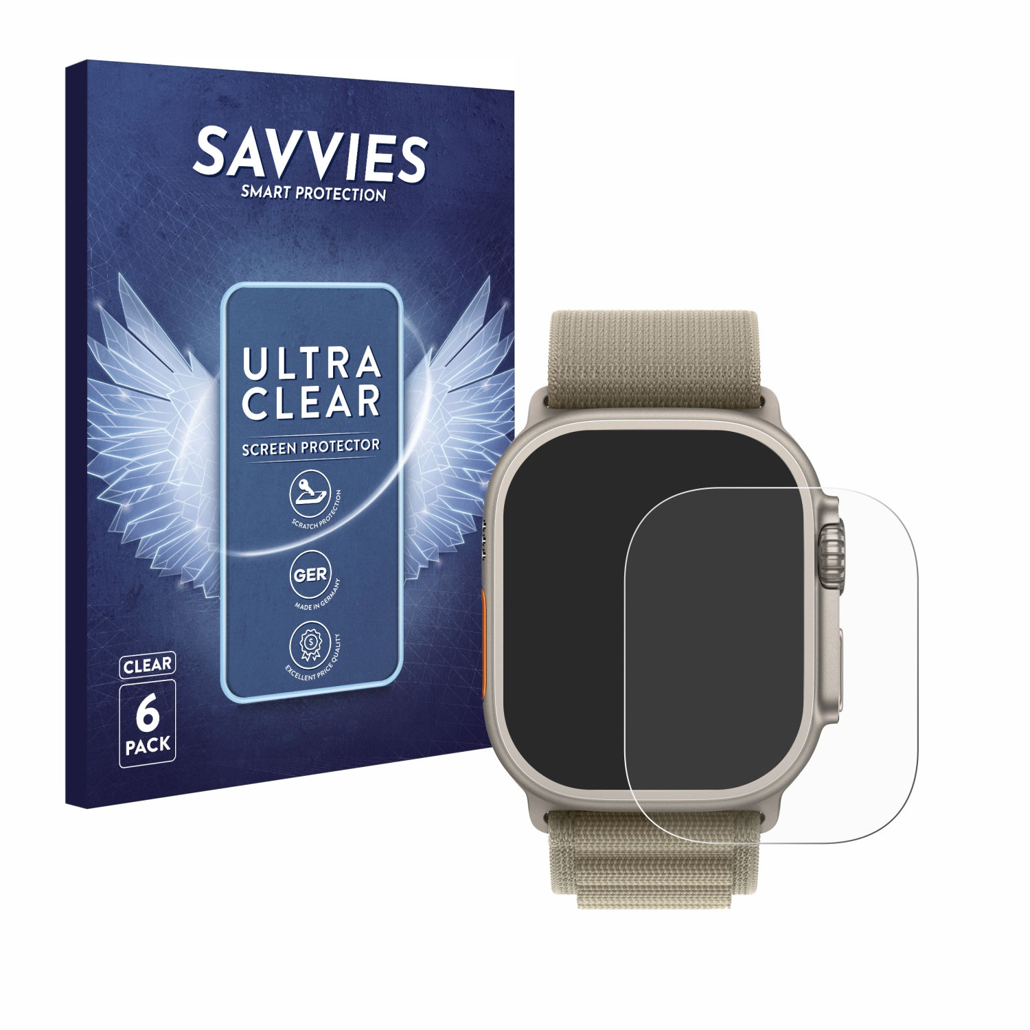 Eine Smartwatch mit Displayschutz und Box.