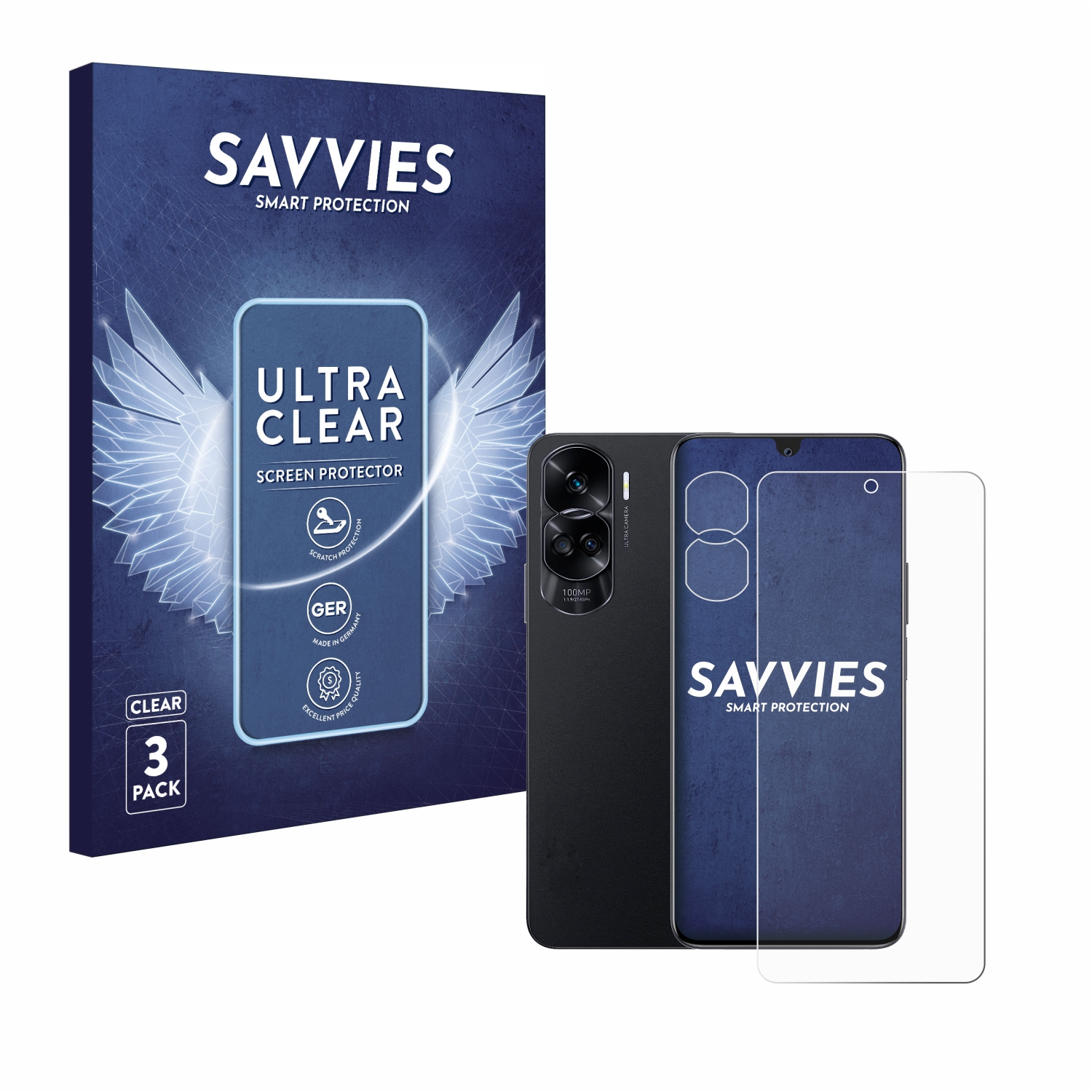 Displayschutzfolienbox und Telefon mit angebrachtem Schutz. Die Box ist blau, das Telefon ist schwarz.