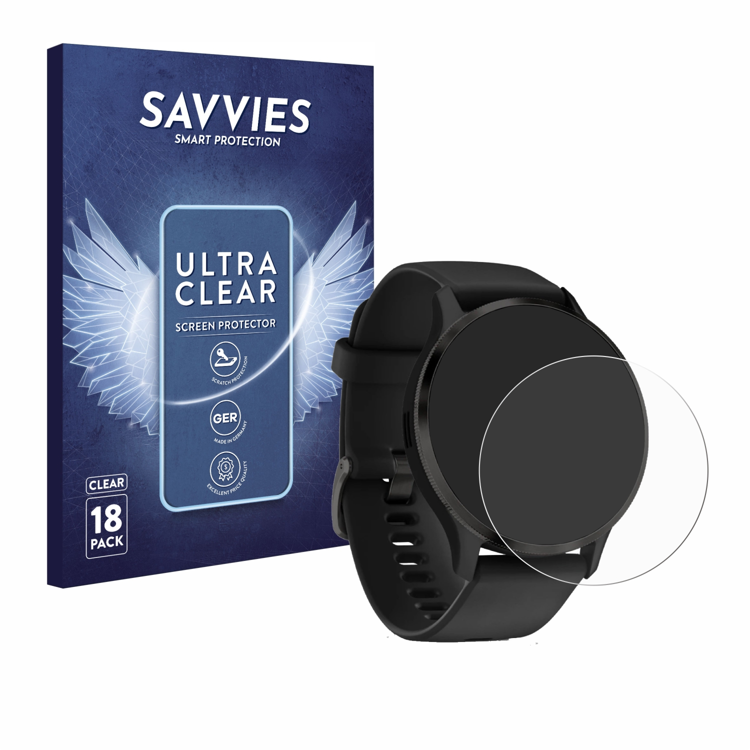 Eine Smartwatch mit Displayschutzfolie und Verpackung wird vor weißem Hintergrund gezeigt.