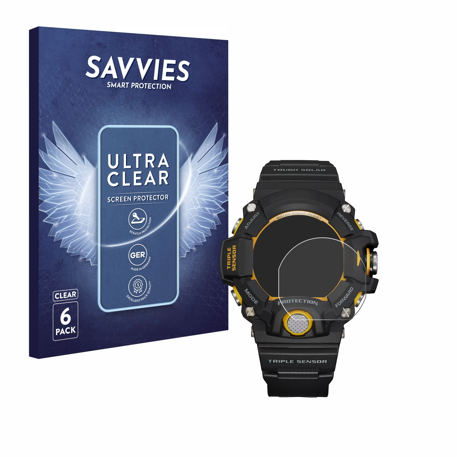 Uhr und Displayschutzfolien-Packung. Schutz auf der Uhr. Blaue Box mit Flügeln und Text.