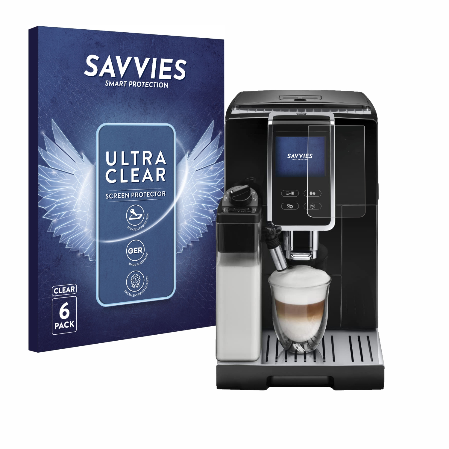 Espressomaschine mit Displayschutzfolie und einer Box mit Displayschutzfolie. Weißer Hintergrund.