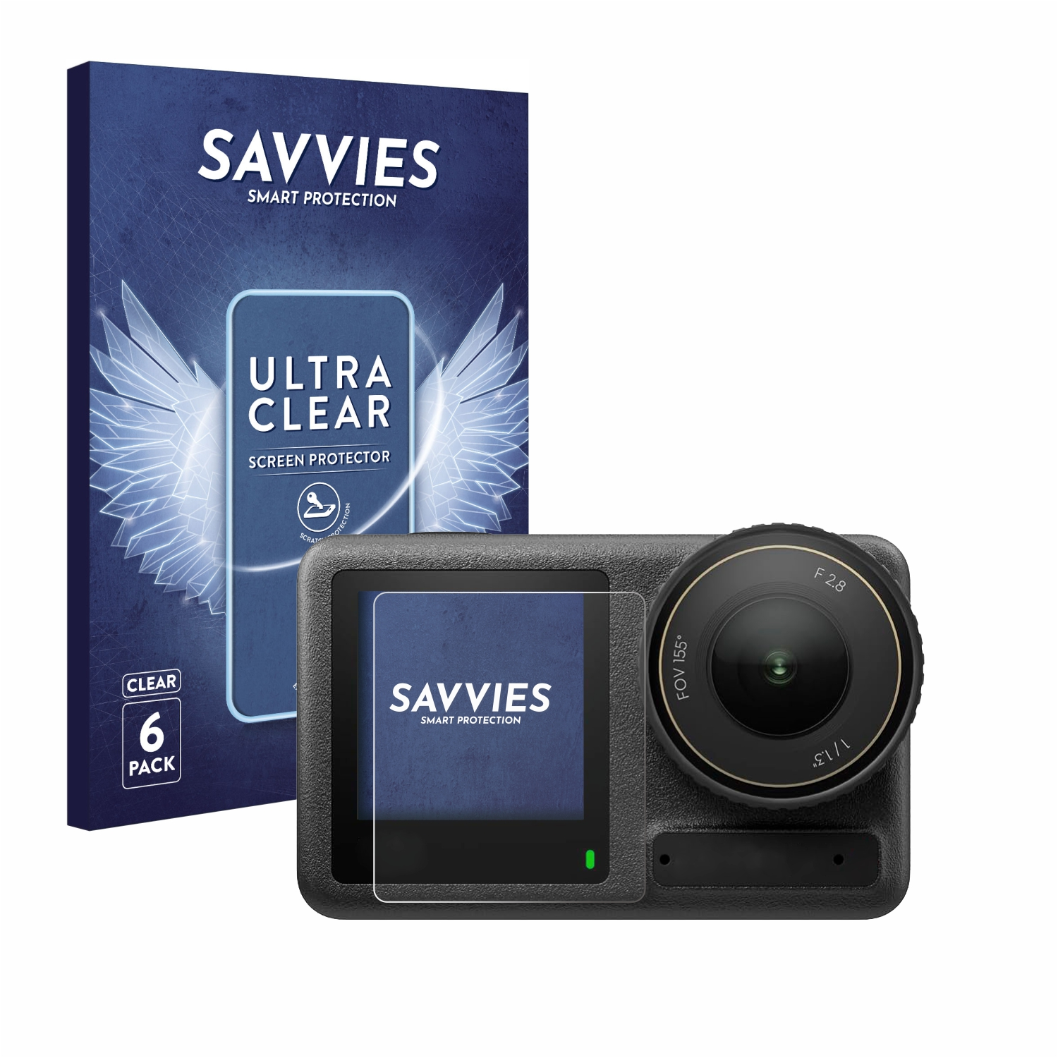 Eine Produktbox und Displayschutz neben einer schwarzen Action-Kamera mit Objektiv auf weißem Hintergrund.
