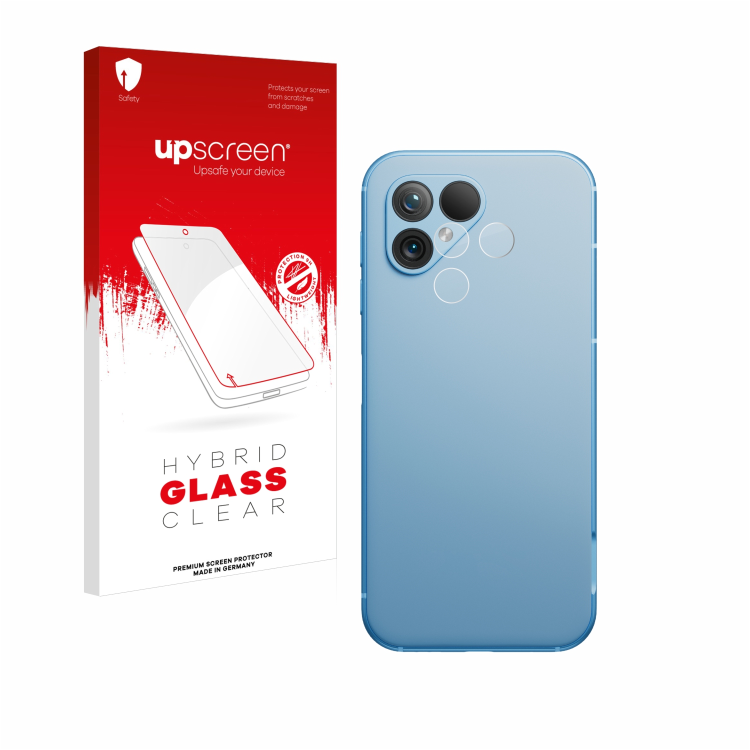 Ein blaues Telefon und eine Displayschutzfolienbox. Die Box ist rot und weiß.
