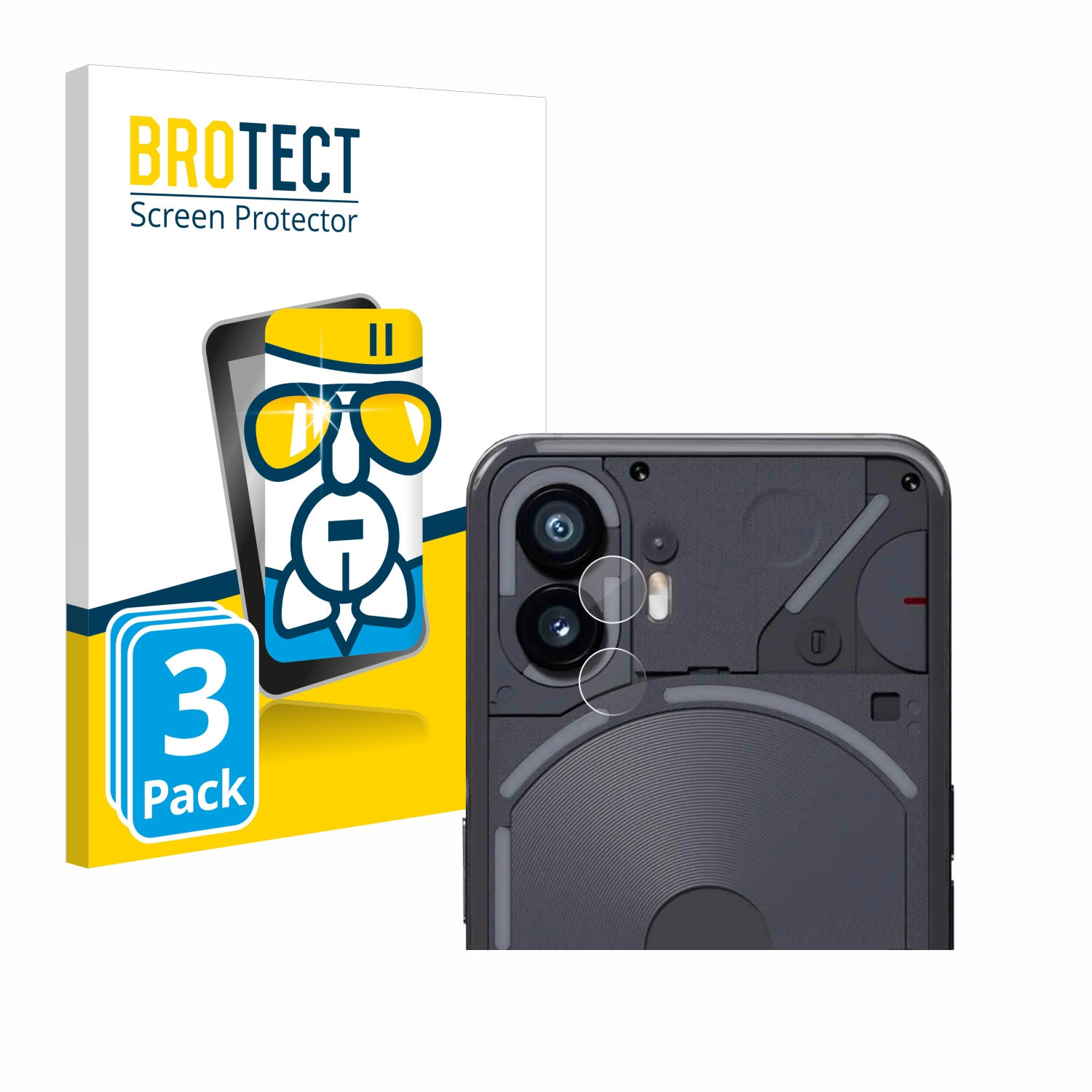 Telefon mit Displayschutzfolie und Verpackung. Die Verpackung sagt BROTECT Screen Protector. Das Telefon ist grau.