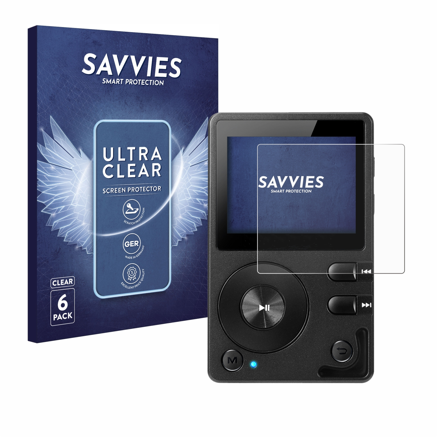 Schwarzes Gerät mit Displayschutz und Box. Box sagt 'Ultra Clear, Screen Protector, 6er Pack'.