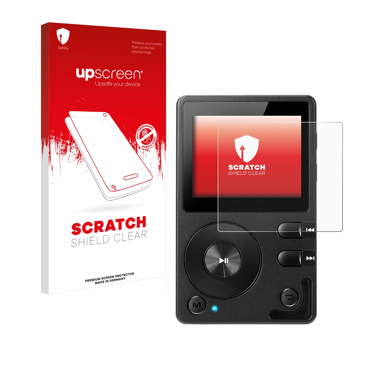 Eine Displayschutzfolien-Verpackung und ein schwarzer Digital-Audio-Player mit einer Folie auf dem Display.