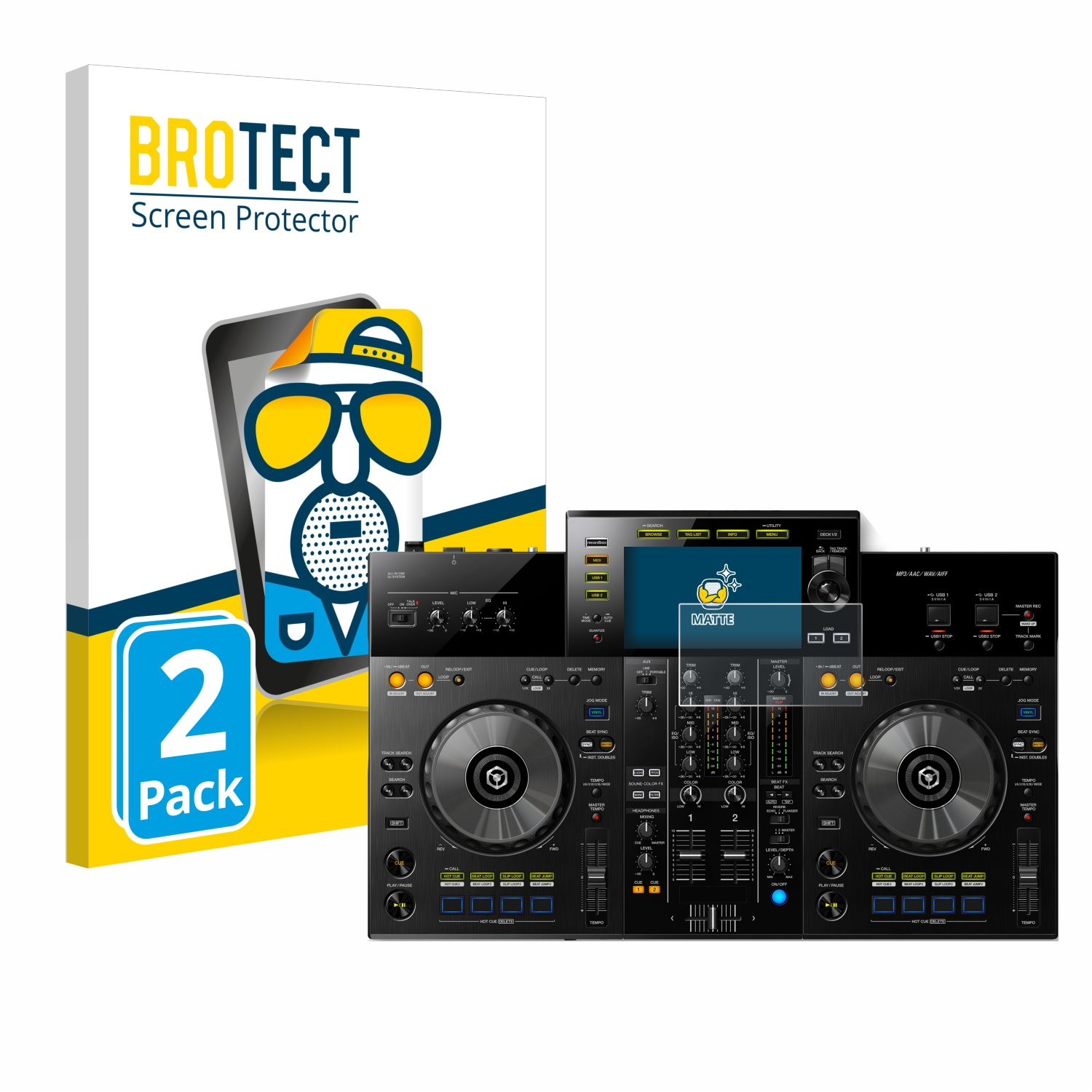 DJ-Equipment mit Displayschutz und Verpackung. Die Verpackung zeigt einen Cartoon. Das Equipment hat einen Schutz.