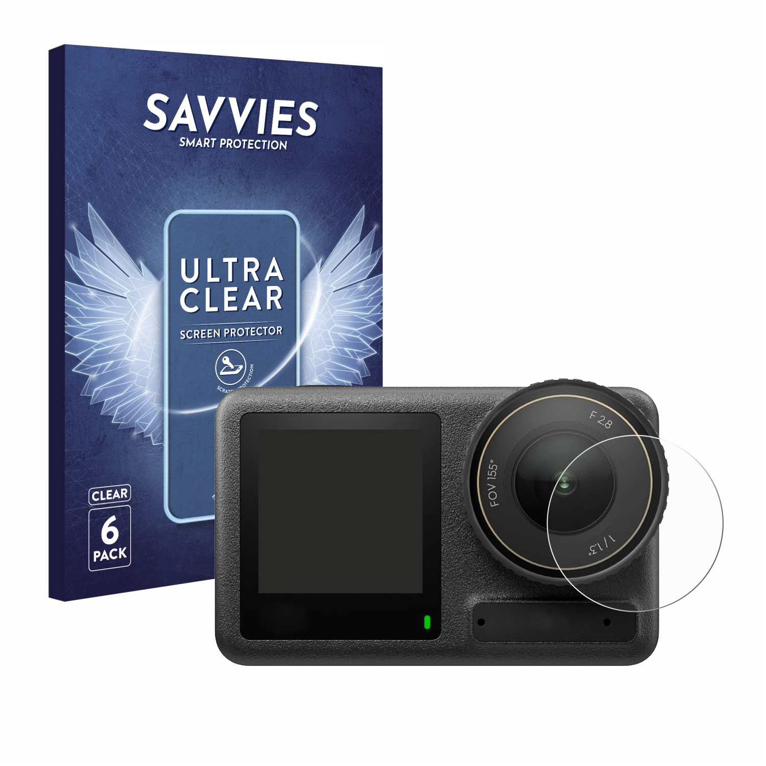 Kamera mit Displayschutzfolie und eine Schachtel mit der Aufschrift "SAVVIES ULTRA CLEAR SCREEN PROTECTOR".