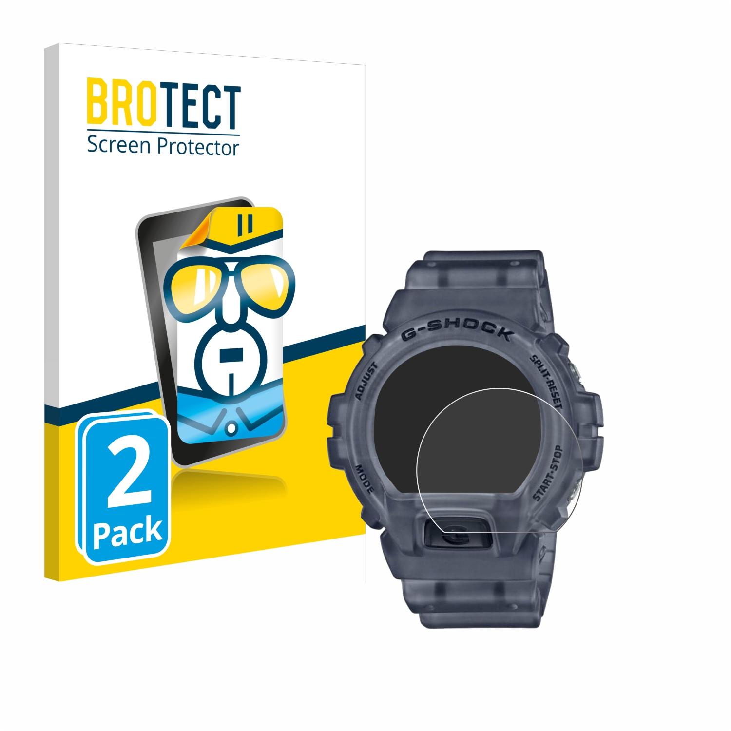 Schachtel mit Displayschutzfolie, graue G-Shock-Uhr mit Schutz. Weißer Hintergrund. Schutz auf der Uhr angebracht.