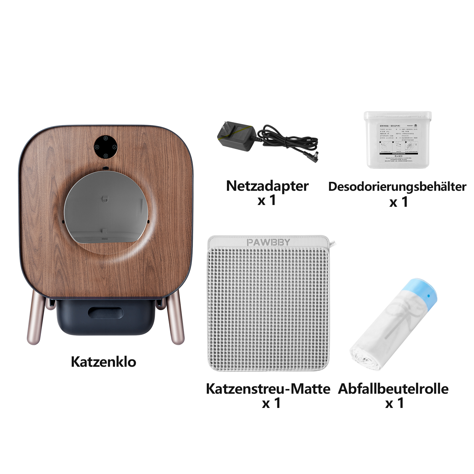 Katzenklo mit Holzfinish und Zubehör: Adapter, Desodorierer, Matte und Beutel.
