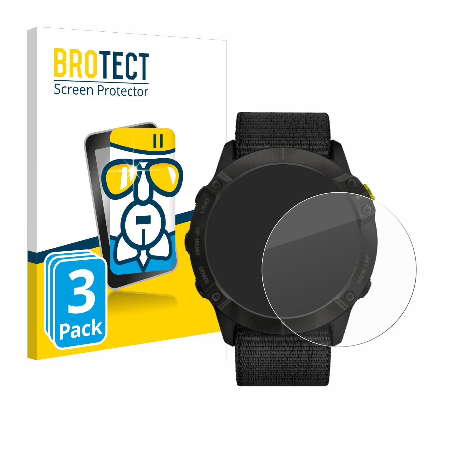 Smartwatch mit Displayschutzfolie und einer Brotect-Box. Auf der Box steht Screen Protector und 3 Pack.