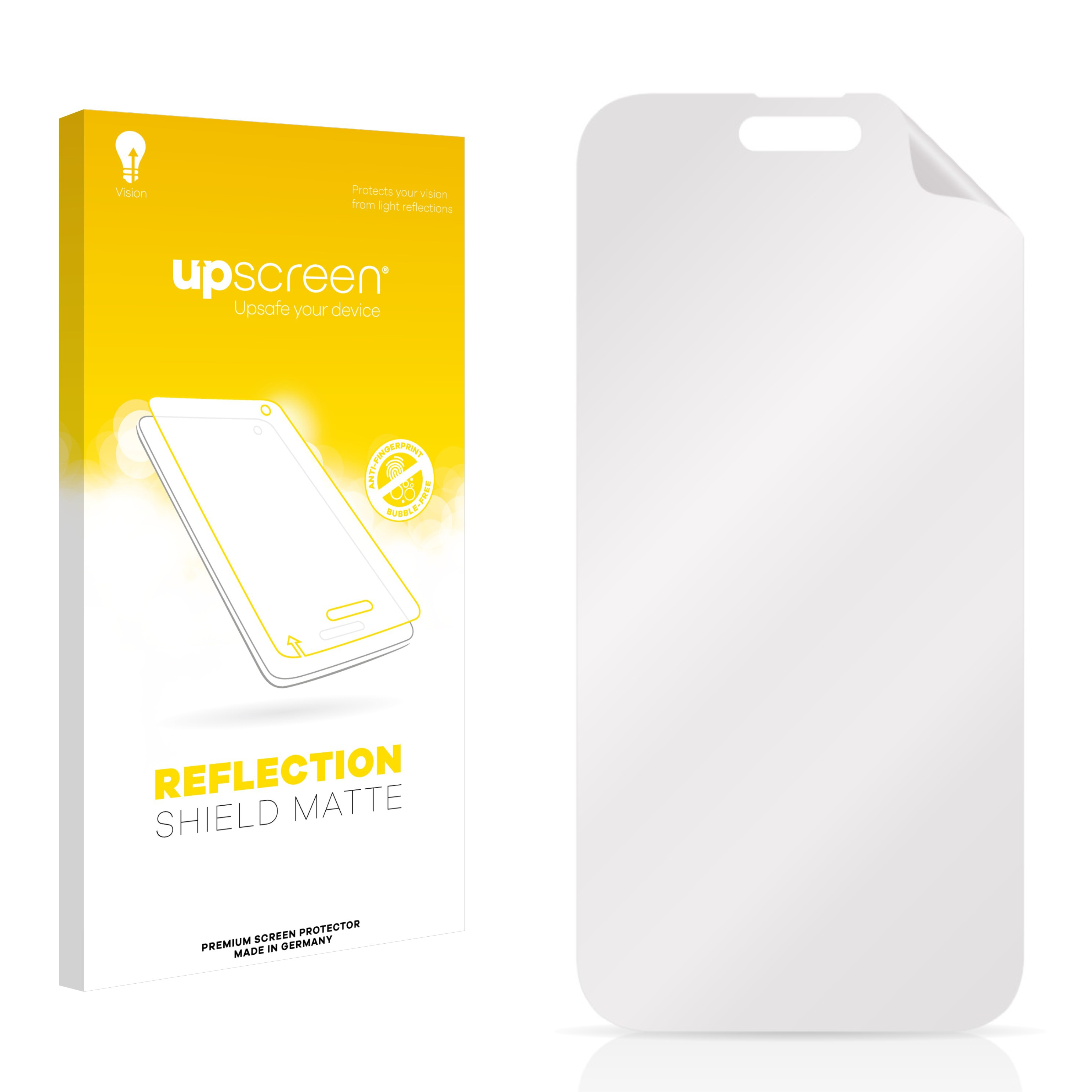 Displayschutzverpackung und -schutz. Gelbe Verpackung zeigt ein Telefon. Der Schutz ist klar.