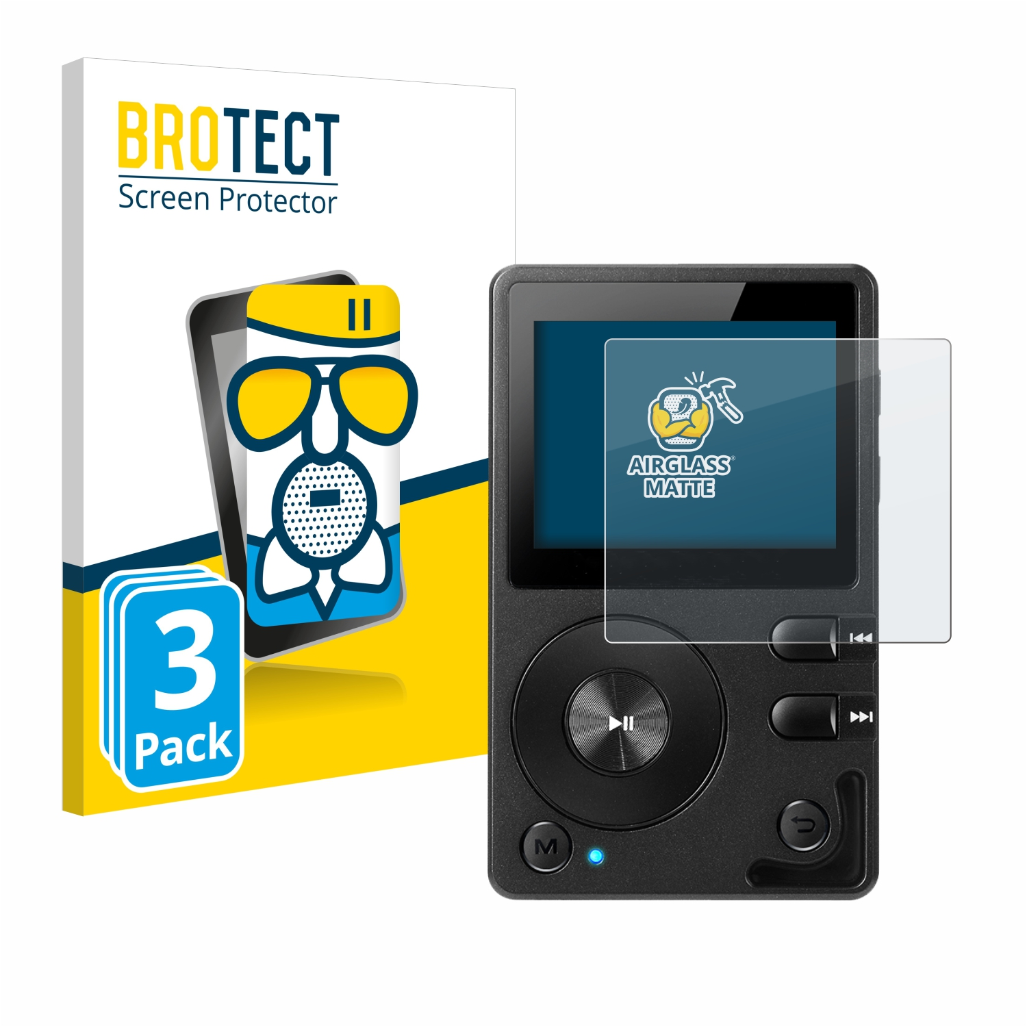 Ein MP3-Player mit Displayschutz und eine Schachtel mit Logo.