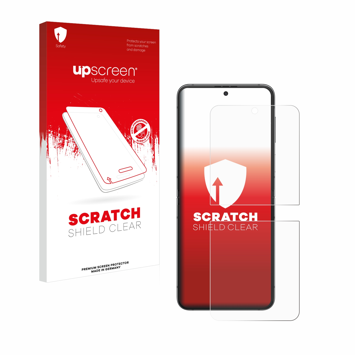 Telefon mit Displayschutzfolien und eine Box. Rote und weiße Box mit 'Scratch Shield Clear'.