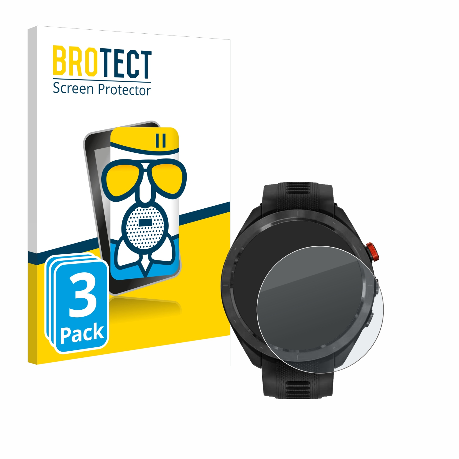 Eine Smartwatch mit Displayschutzfolie und einer Box. Die Box zeigt ein Cartoon-Telefon mit Sonnenbrille.