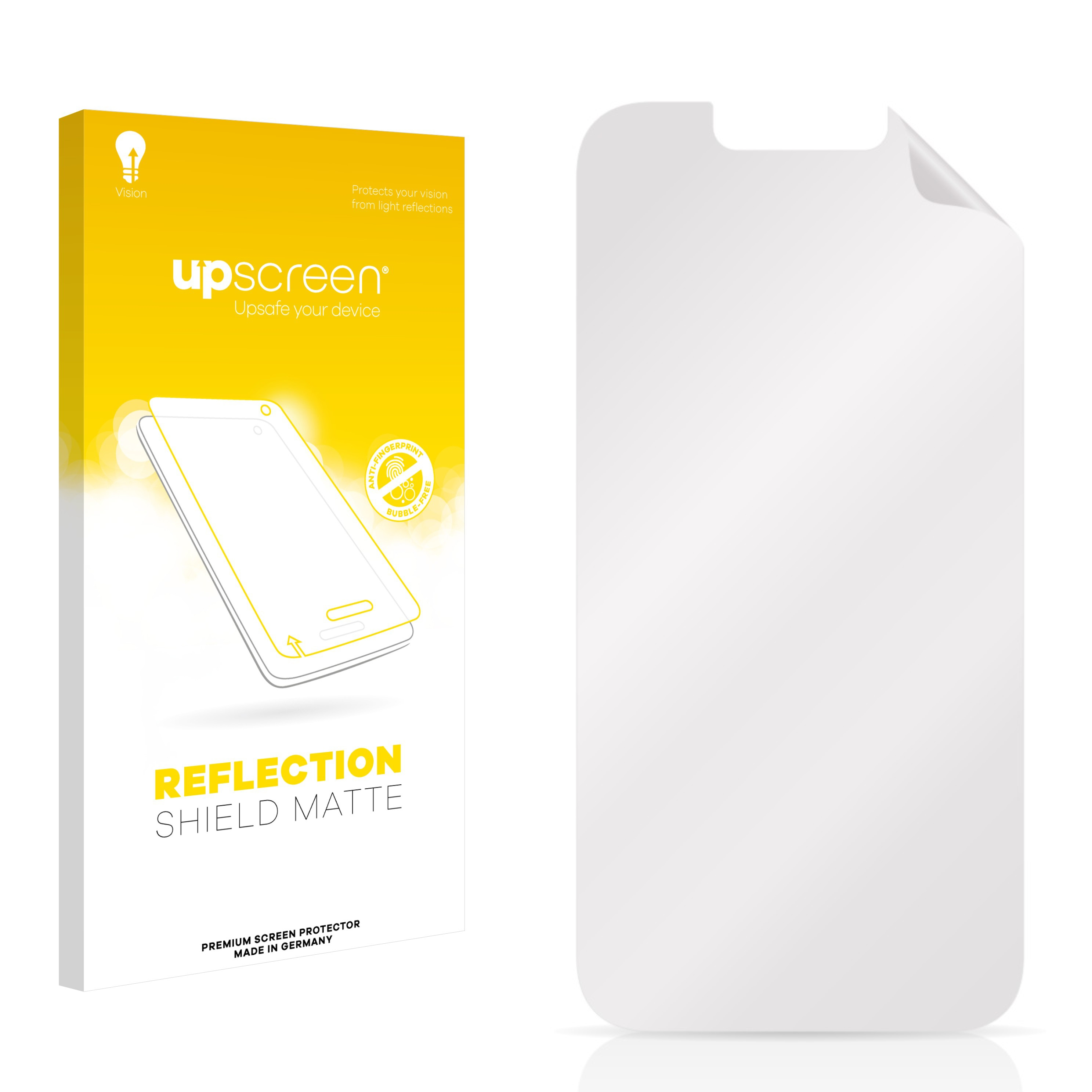 Schachtel mit Telefonschutz. Gelbe Schachtel mit den Produktdetails und einem Displayschutz.