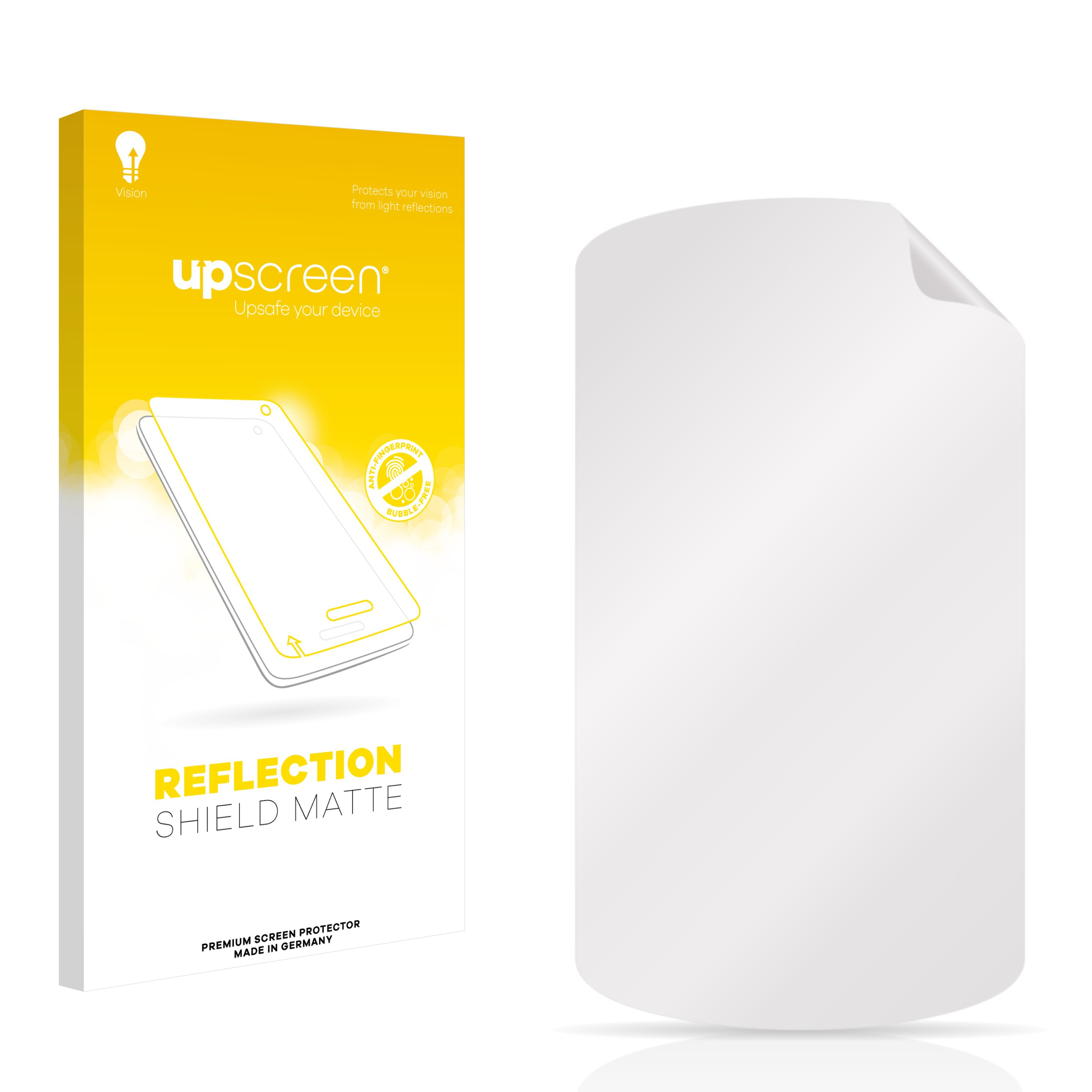 Box und Displayschutzfolie. Die Box ist gelb und weiß mit Telefonbild.