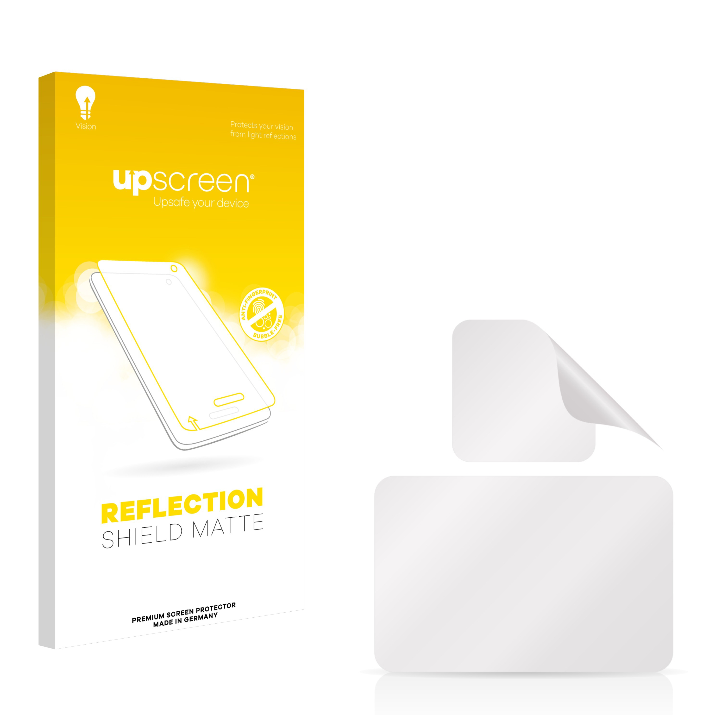 Box und Displayschutzfolie. Die Box ist gelb und weiß mit Telefonbild.