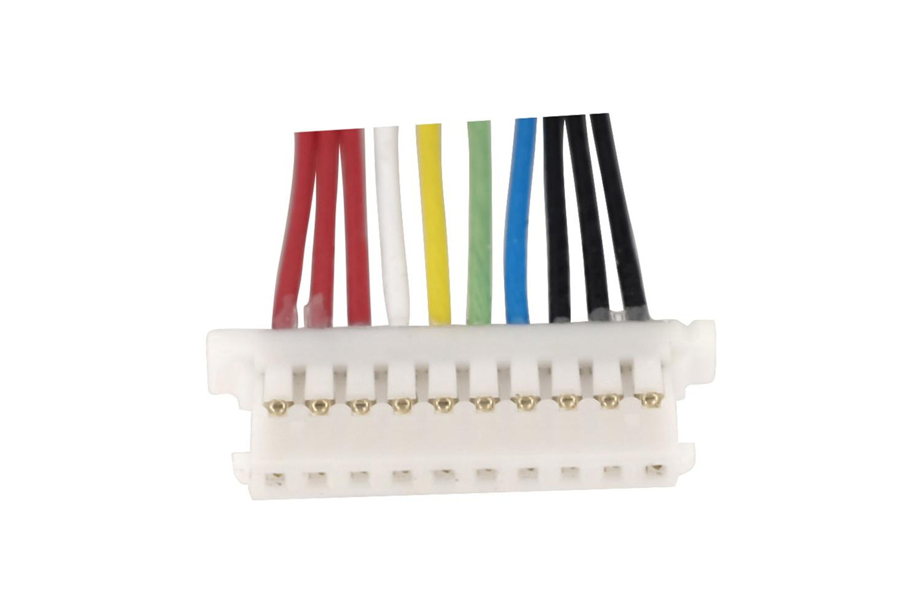 Un connettore bianco con più fili colorati, rosso, bianco, giallo, verde, blu e nero, che si estendono da esso.