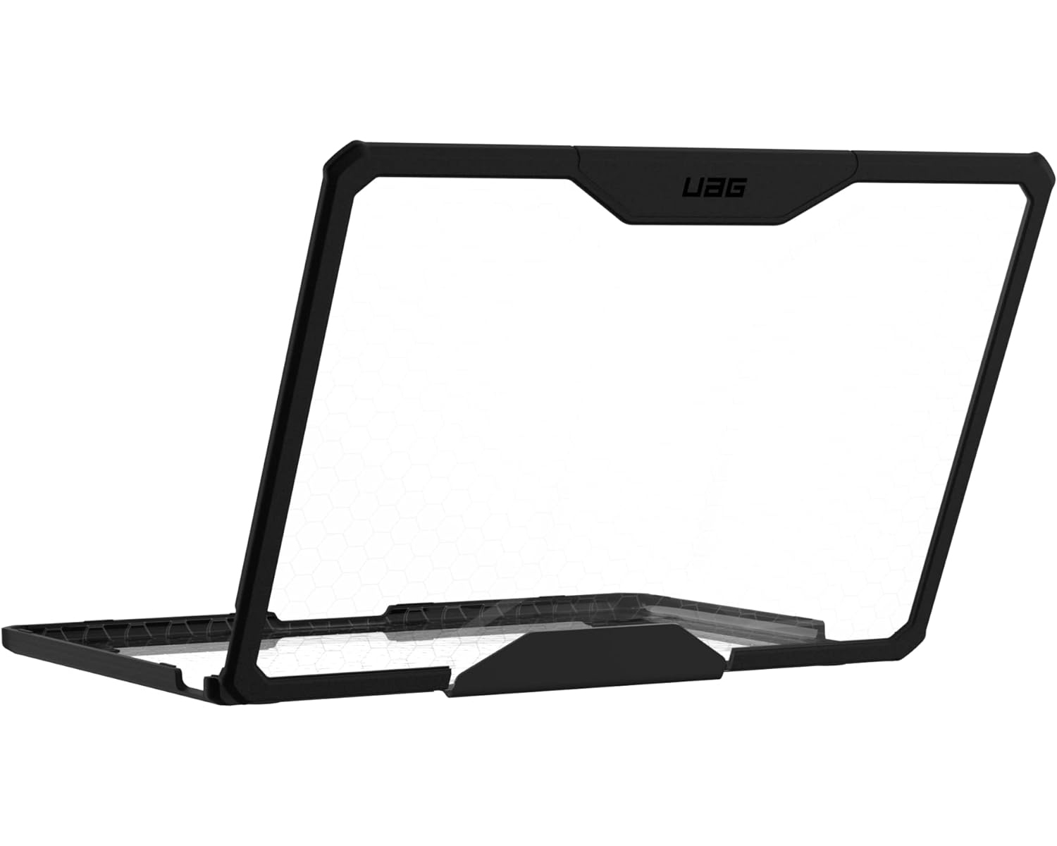 Cornice per laptop UAG nera, aperta con una protezione per schermo in plastica trasparente. Uno sfondo chiaro.